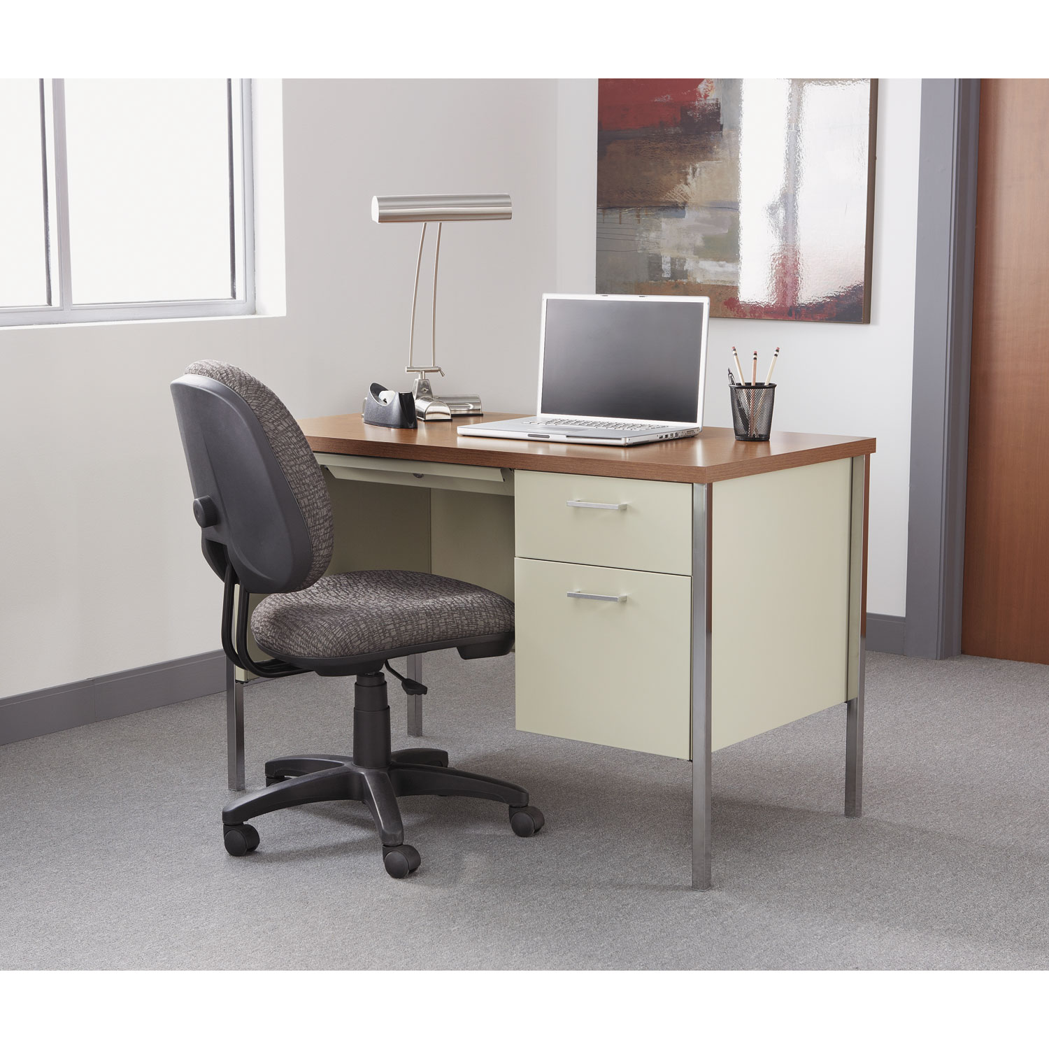 Single Pedestal Steel Desk, Metal Desk, 45.25w x 24d x 29.5h, Cherry