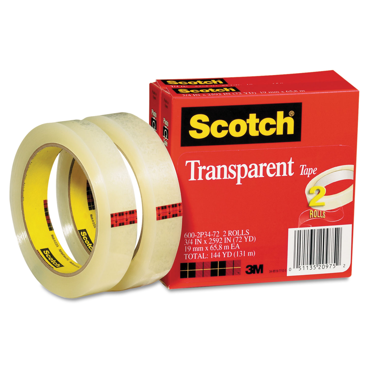 Transparent Tape 600 2P34 72, 3/4 x 2592, 3 Core, Transparent, 2/Pack
