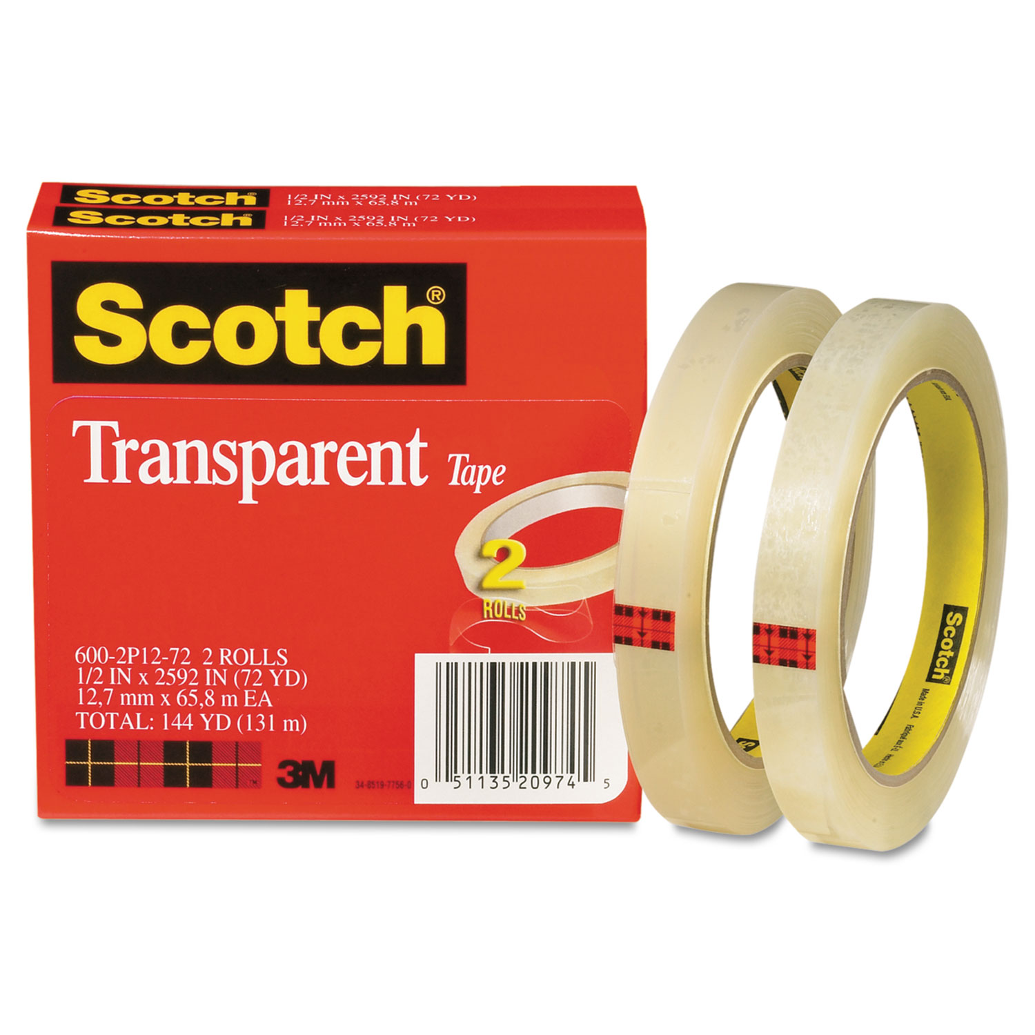 Transparent Tape, 3 Core, 0.5 x 72 yds, Transparent, 2/Pack