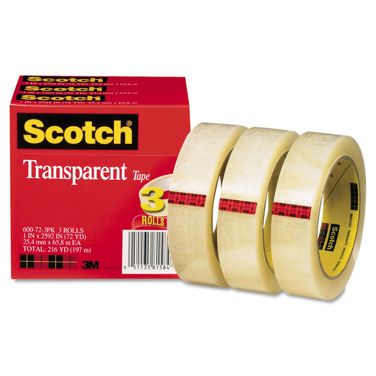 Transparent Tape 600 72 3PK, 1 x 2592, 3 Core, Transparent, 3/Pack