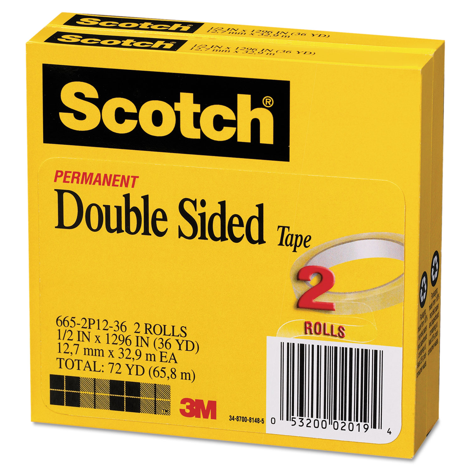665 Double-Sided Tape, 1/2 x 1296, 3 Core, Transparent, 2/Pack