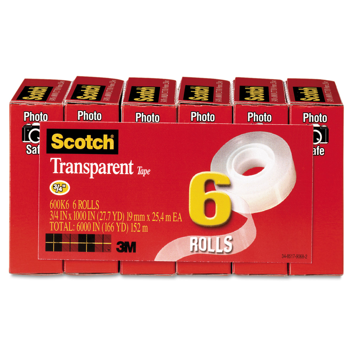 Transparent Tape, 3/4 x 1000, 1 Core, Clear, 6/Pack