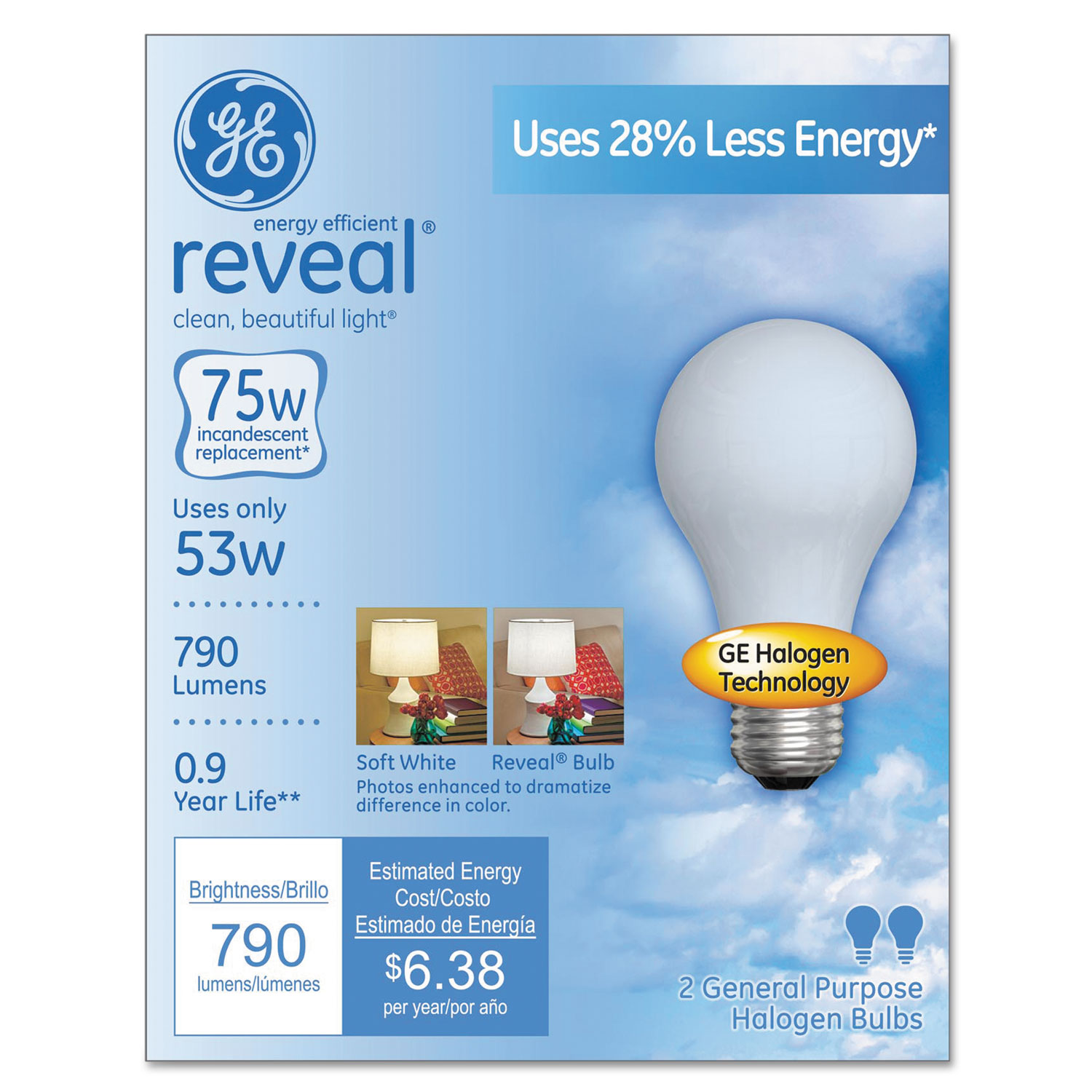 GE Reveal A19 Light Bulb, 53 W, 2/Pack