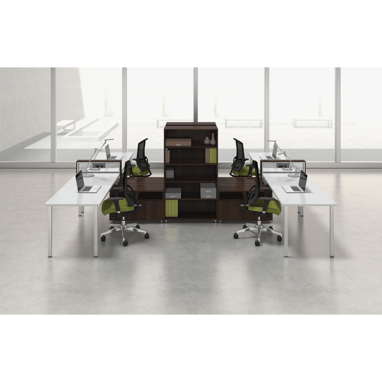 e5 Two-Person Workstation with Beltway, 123-1/2w x 73d x 29-1/2h, White/Walnut