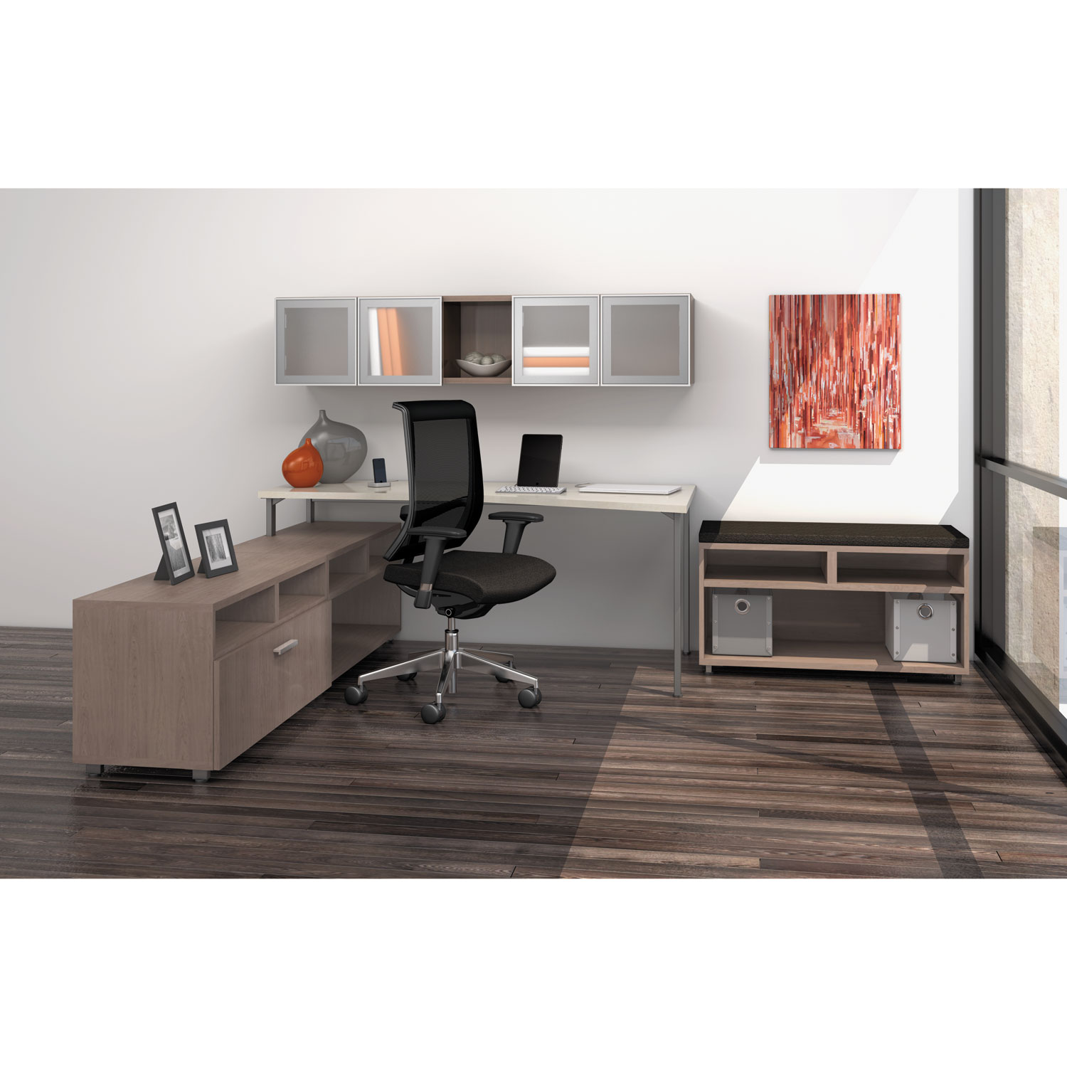 e5 Series Single L-Workstation, 72w x 85d x 29-1/2h, Summer Suede/Cocoa