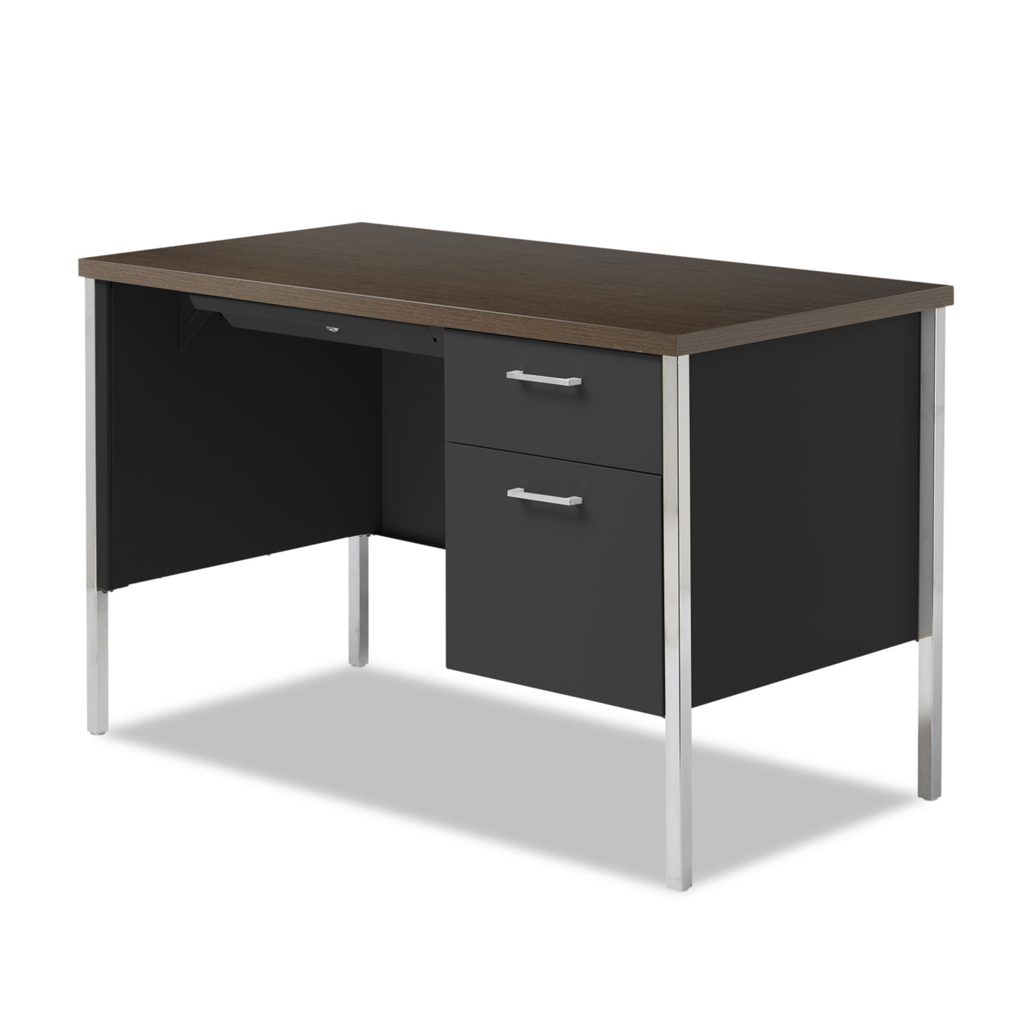 Single Pedestal Steel Desk, Metal Desk, 45-1/4w x 24d x 29-1/2h, Walnut/Black