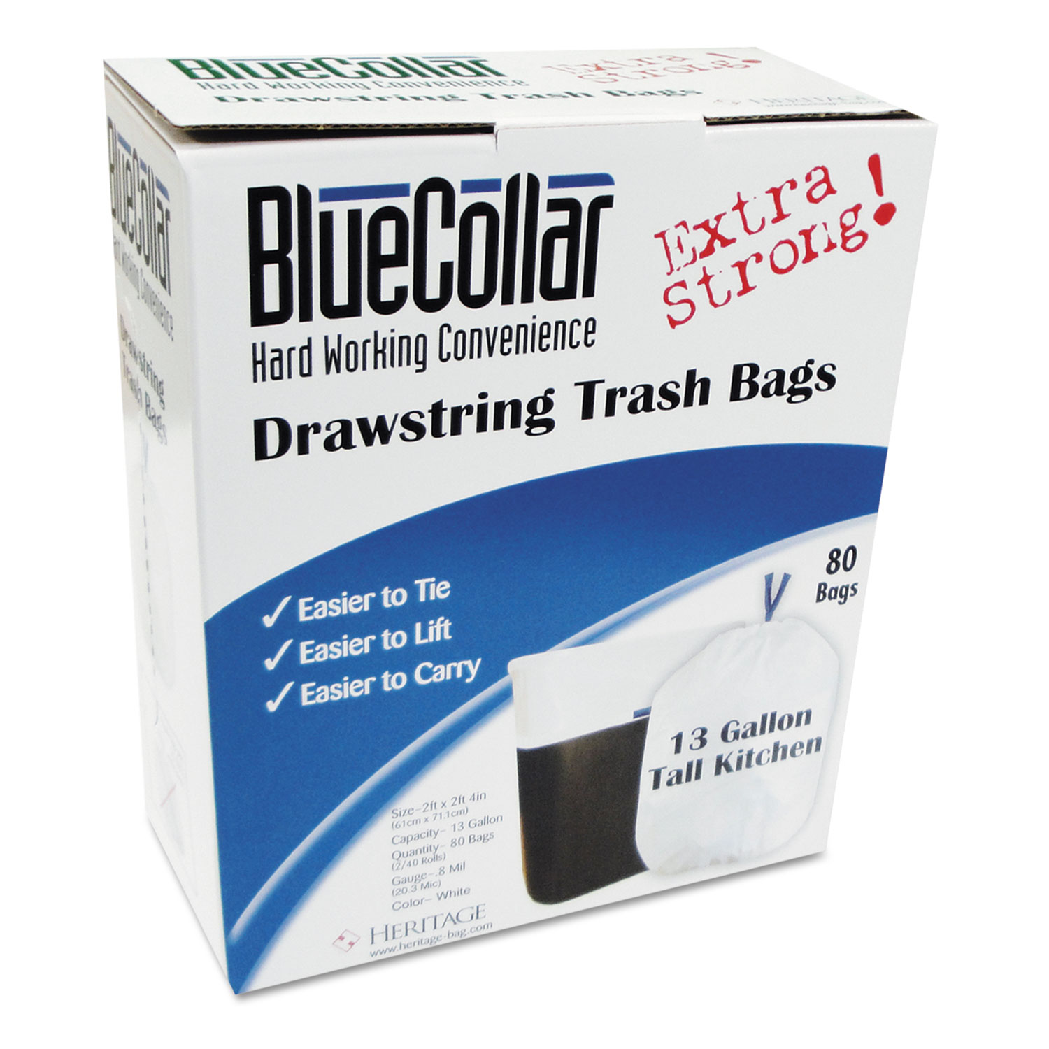  BlueCollar N4828EW RC1 Drawstring Trash Bags, 13 gal, 0.8 mil, 24 x 28, White, 80/Box (HERN4828EWRC1) 