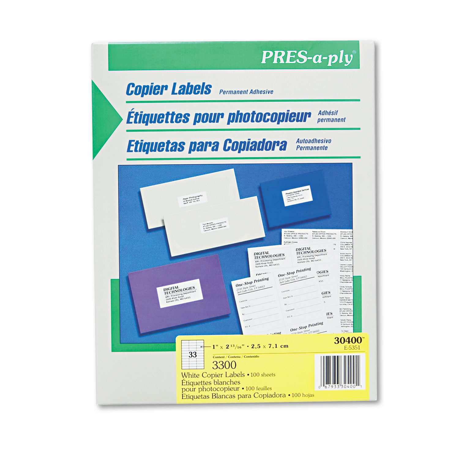  PRES-a-ply 30400 White Copier Labels, Copiers, 1 x 2.81, White, 33/Sheet, 100 Sheets/Box (AVE30400) 