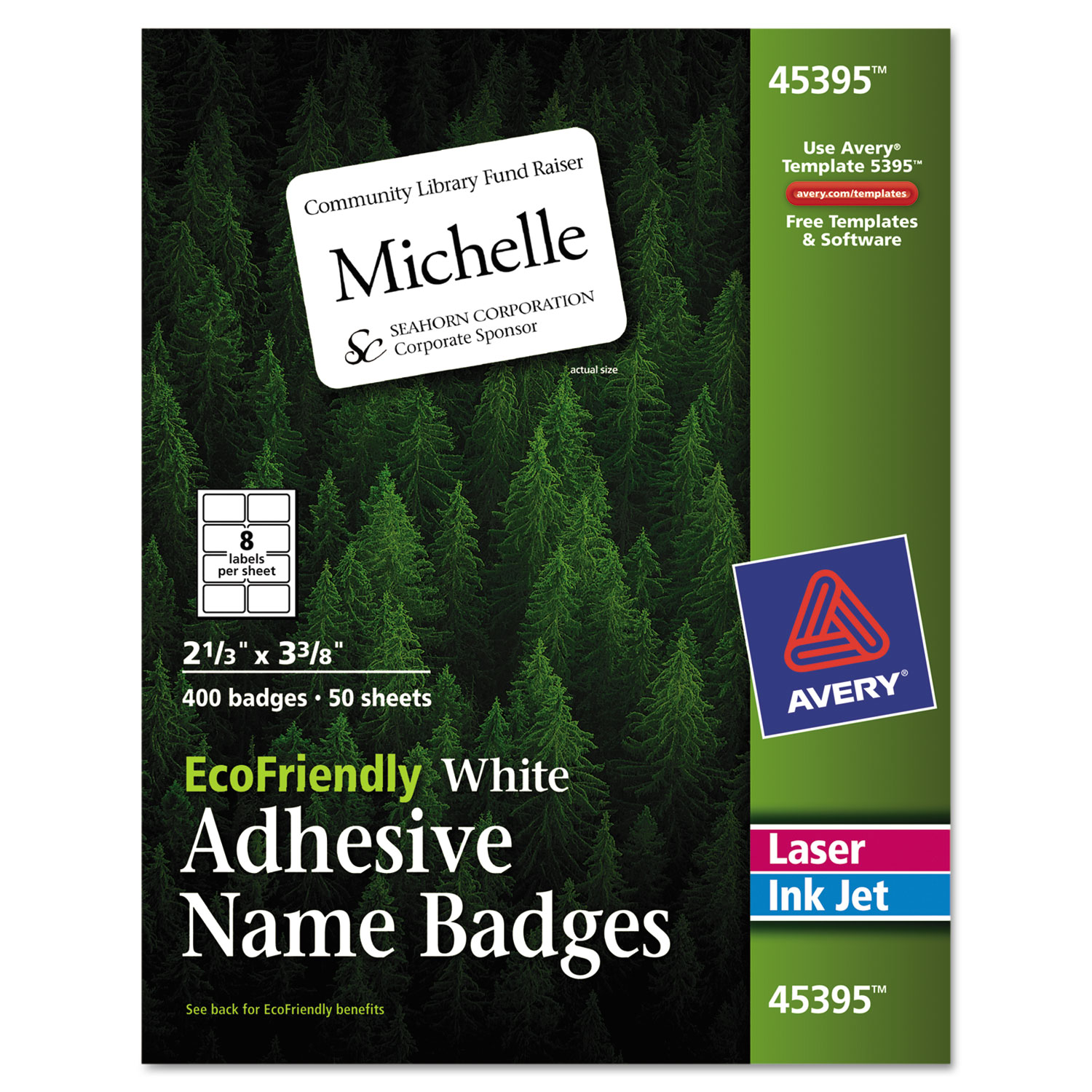  Avery 45395 EcoFriendly Adhesive Name Badge Labels, 3.38 x 2.33, White, 400/Box (AVE45395) 