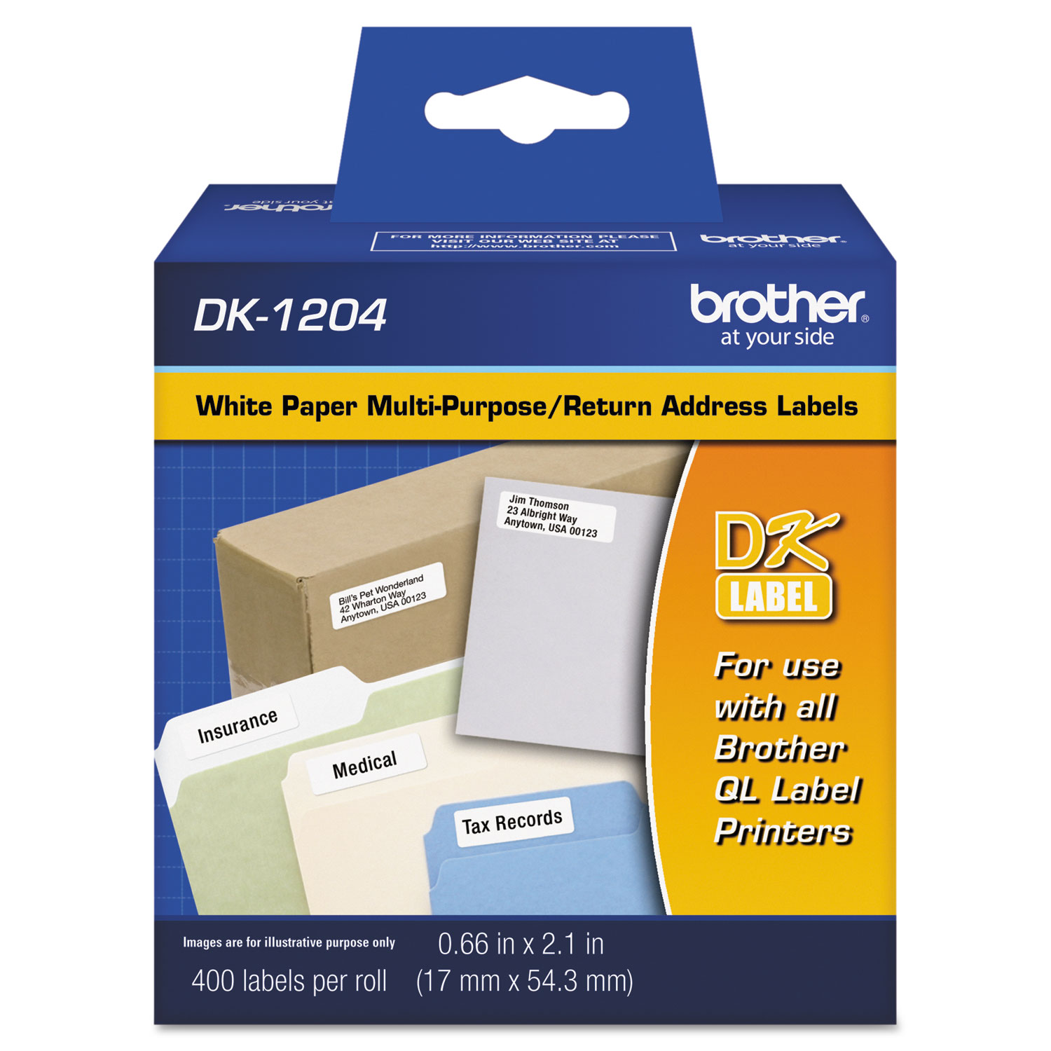  Brother DK1204 Die-Cut Multipurpose Labels, 0.66 x 2.1, White, 400/Roll (BRTDK1204) 