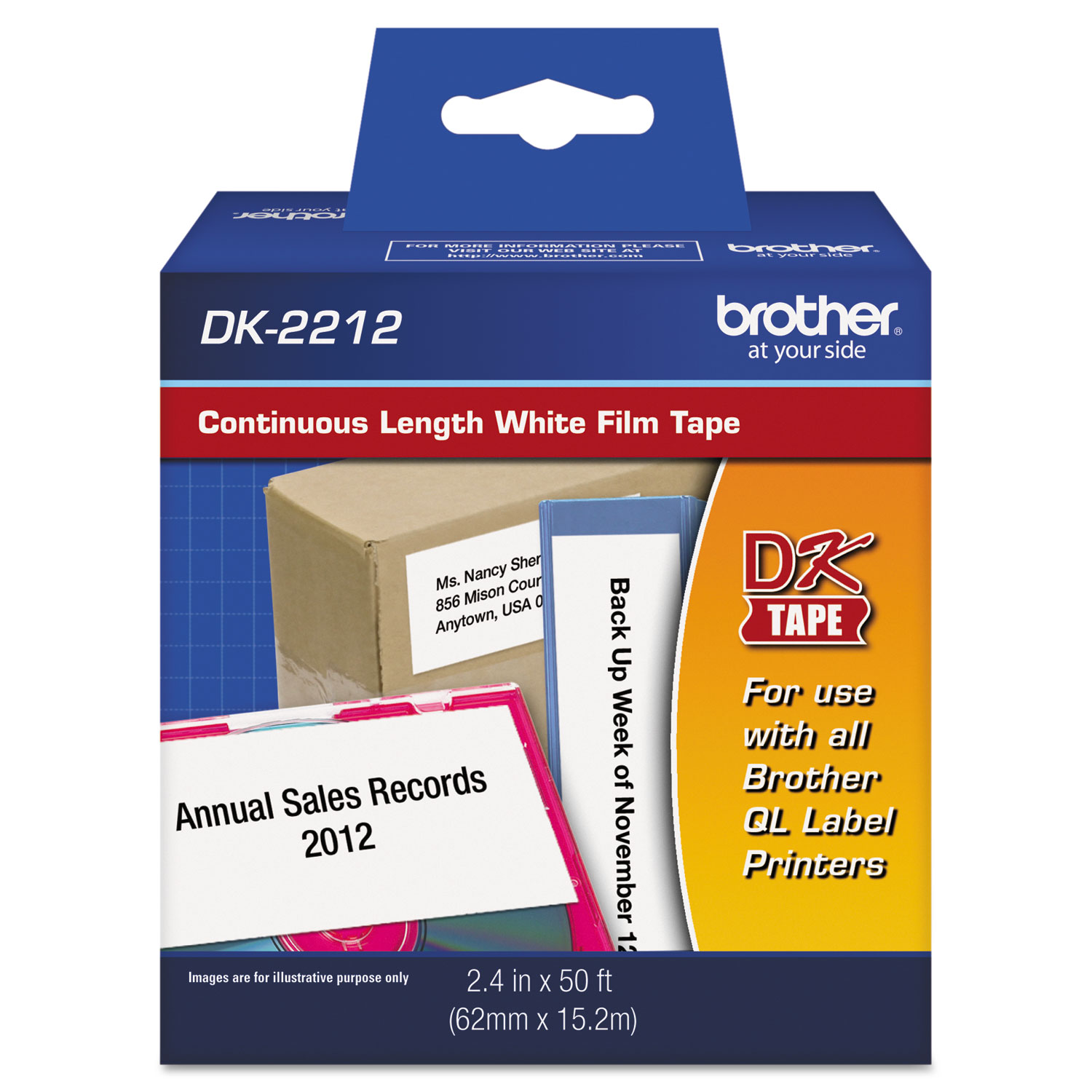  Brother DK2212 Continuous Film Label Tape, 2.4 x 50 ft Roll, White (BRTDK2212) 