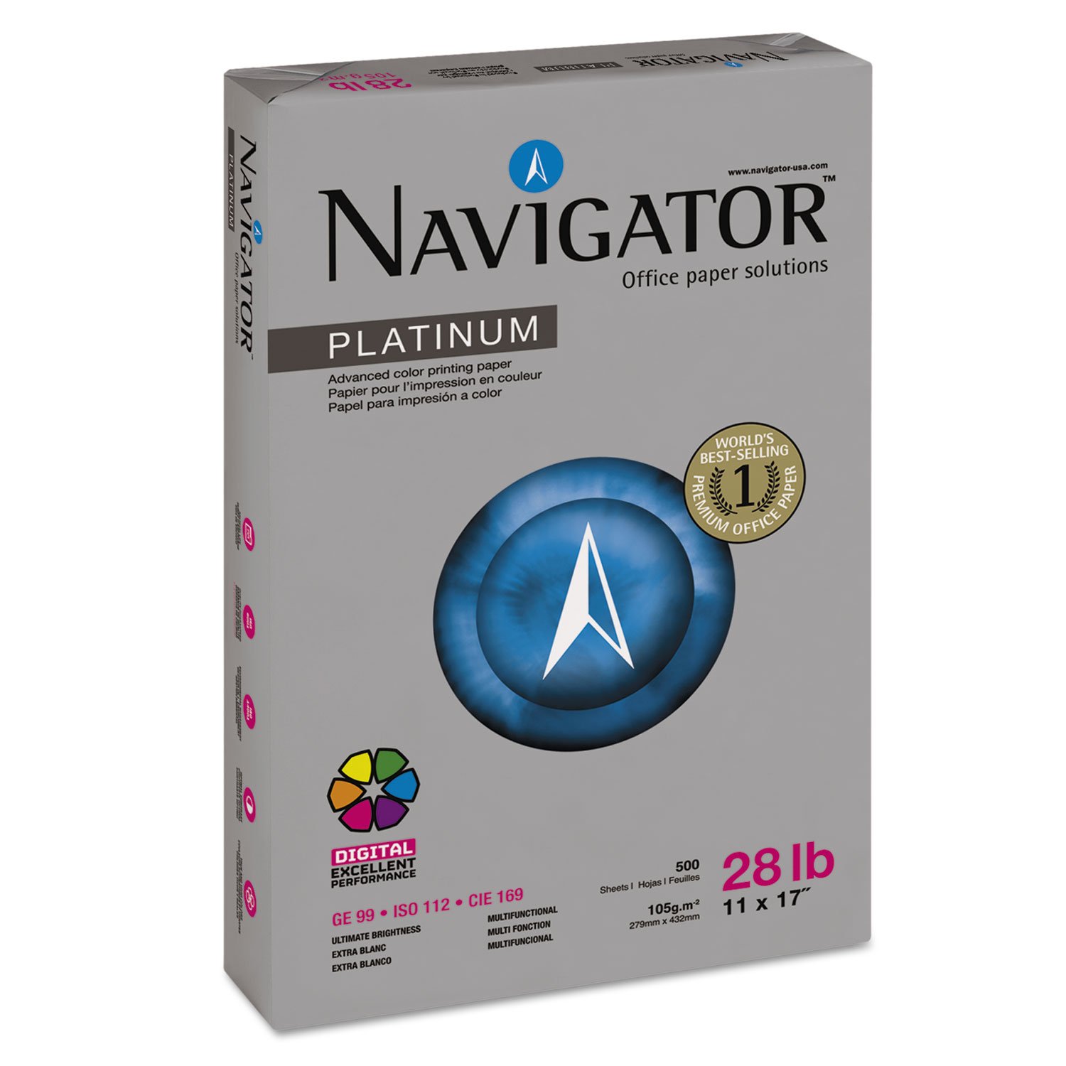  Navigator NPL1728 Platinum Paper, 99 Bright, 28lb, 11 x 17, White, 500 Sheets/Ream, 5 Reams/Carton (SNANPL1728) 