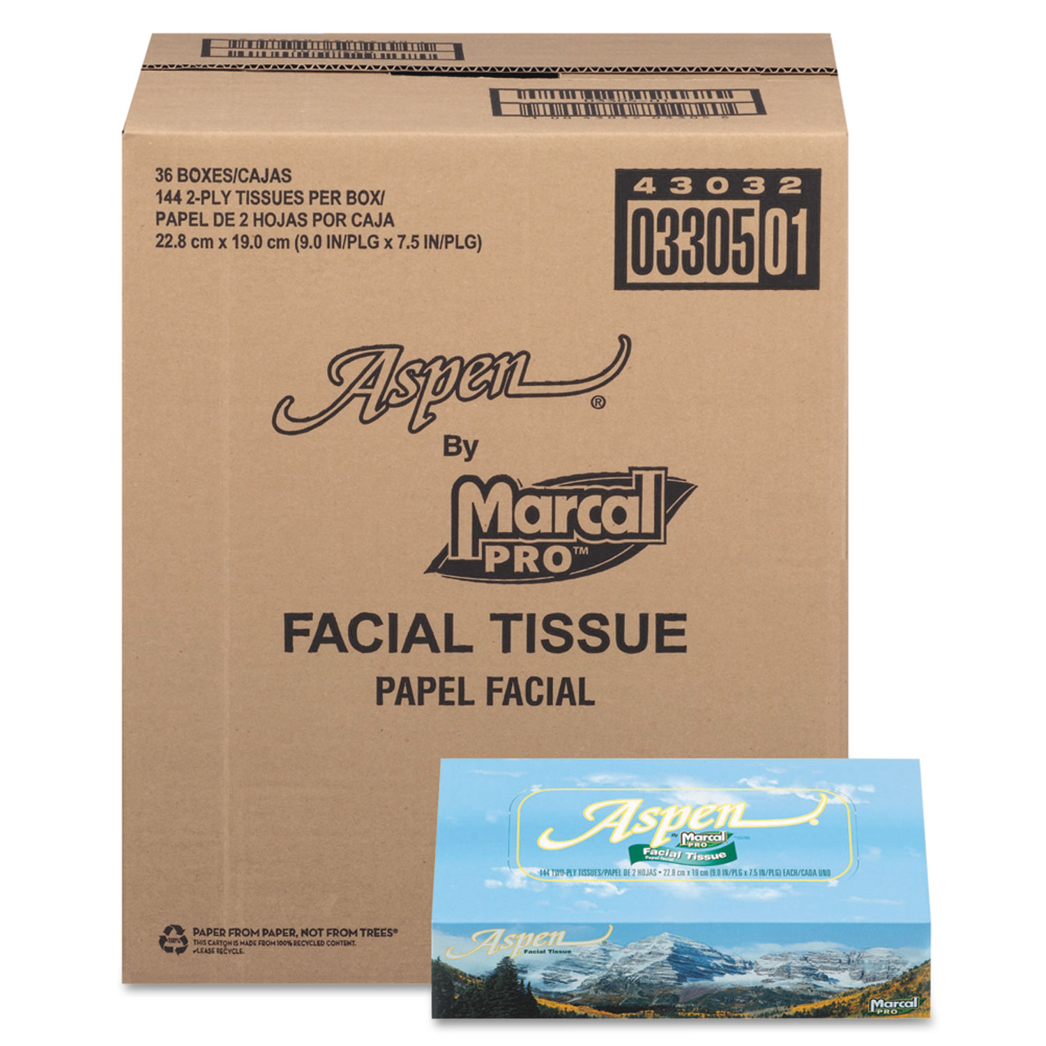 Aspen 100% Recycled Facial Tissue, 2-Ply, White, 144 Sheet/Box