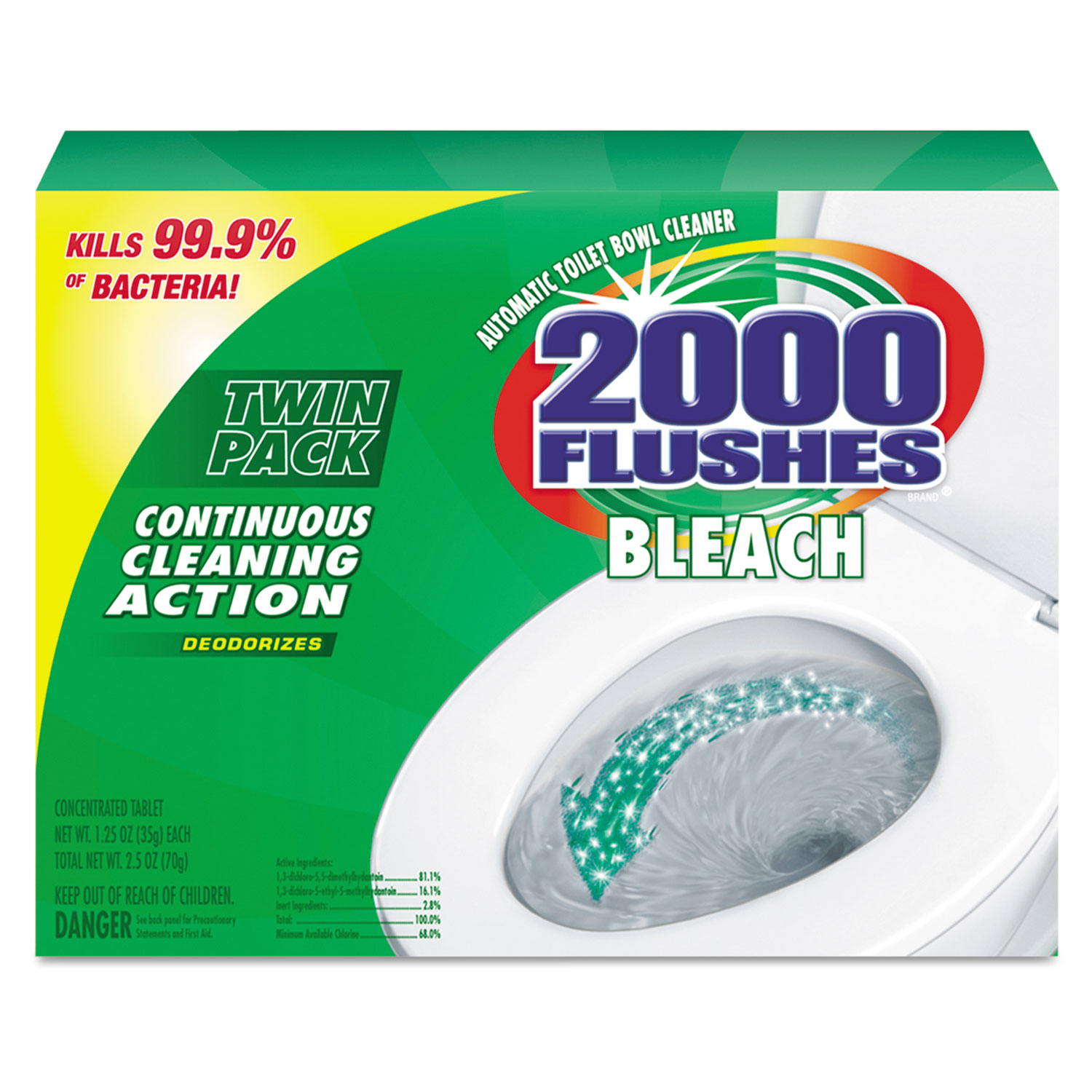 2000 Flushes Plus Bleach, 1.25oz, Box, 2/Pack, 6 Packs/Carton
