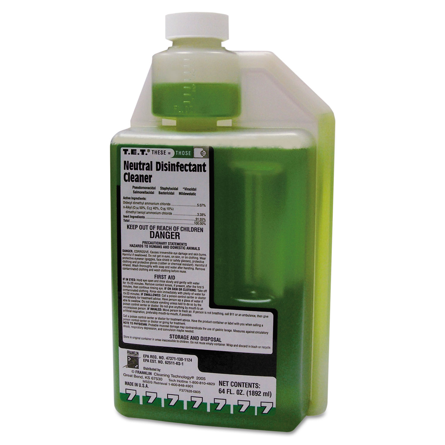  Franklin Cleaning Technology FRK F377628 T.E.T. Neutral Disinfectant Cleaner, Apple Scent, Liquid, 2 qt. Bottle, 4/Carton (FKLF377628) 