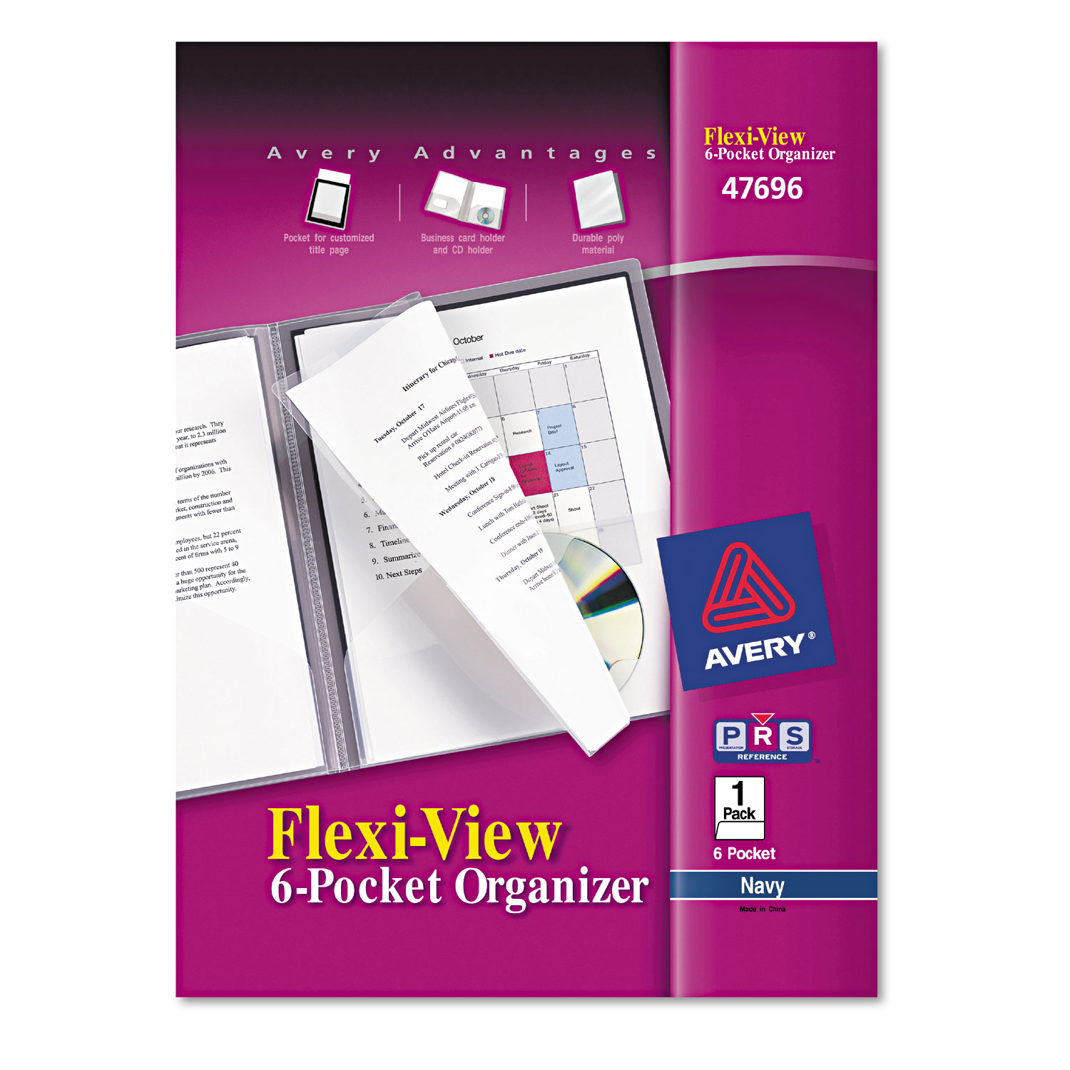 Flexi-View Six-Pocket Polypropylene Organizer, 150-Sheet Cap., Translucent/Navy