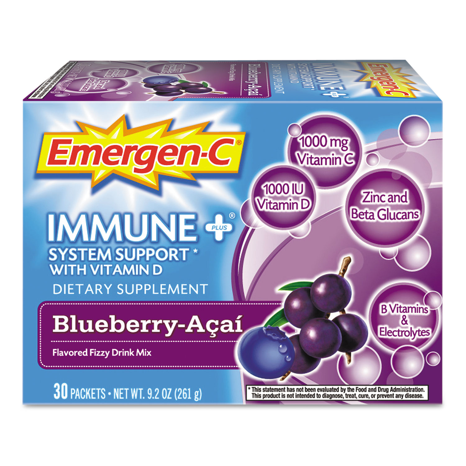  Emergen-C EF007 Immune+ Formula, .3oz, Blueberry Acai, 30/Pack (ALA100007) 