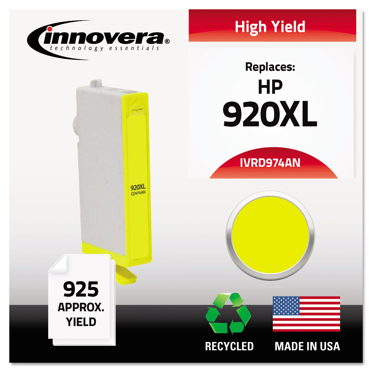  Innovera IVRD974AN Remanufactured CD974AN (920XL) High-Yield Ink, 700 Page-Yield, Yellow (IVRD974ANC) 