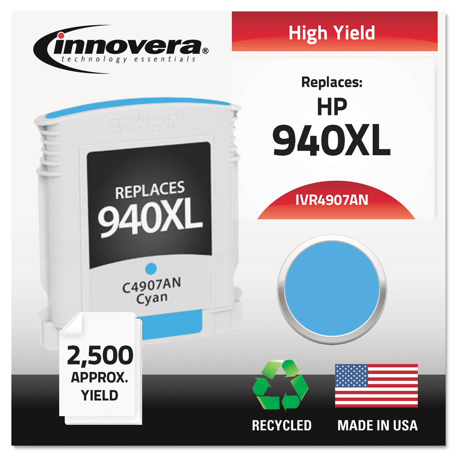  Innovera IVR4907AN Remanufactured C4907AN (940XL) High-Yield Ink, 1400 Page-Yield, Cyan (IVR4907ANC) 