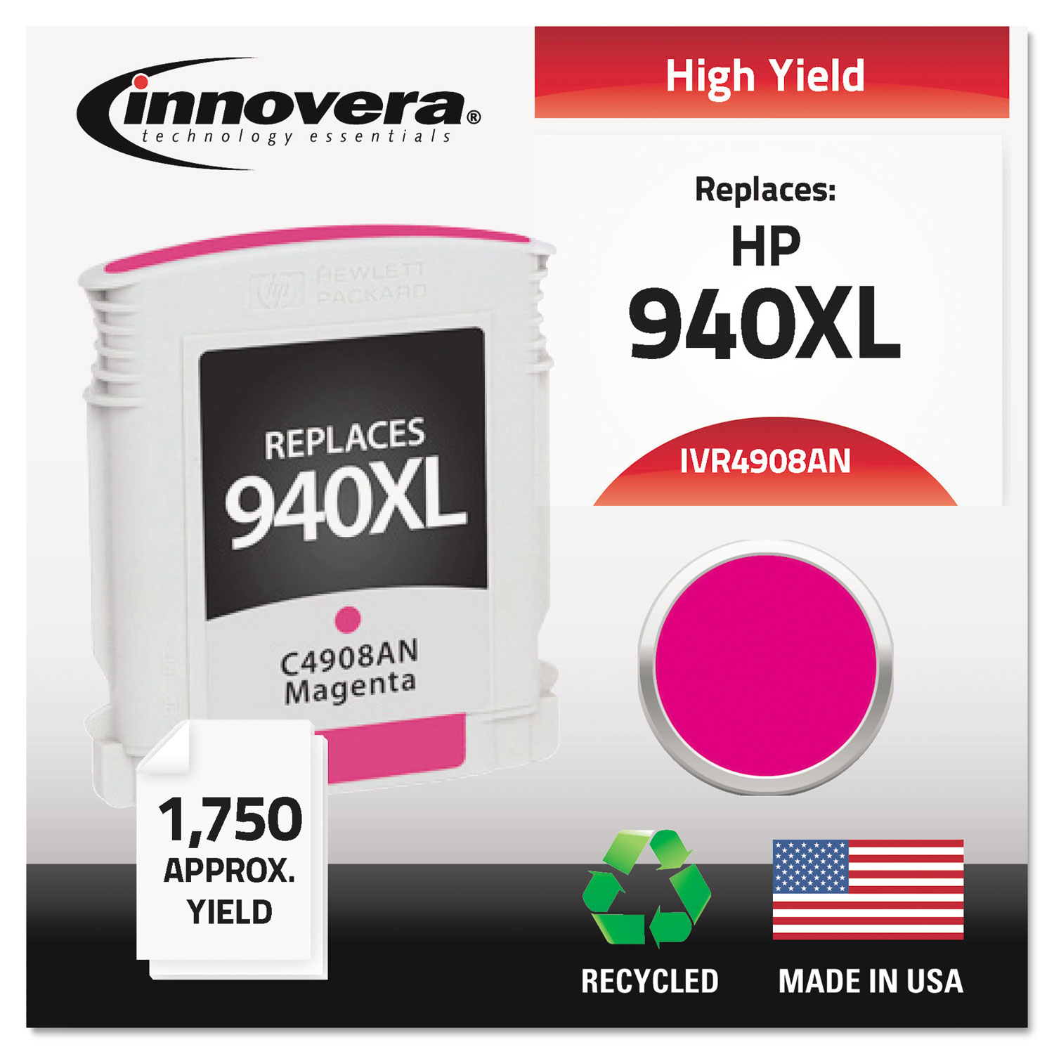  Innovera IVR4908AN Remanufactured C4908AN (940XL) High-Yield Ink, 1400 Page-Yield, Magenta (IVR4908ANC) 