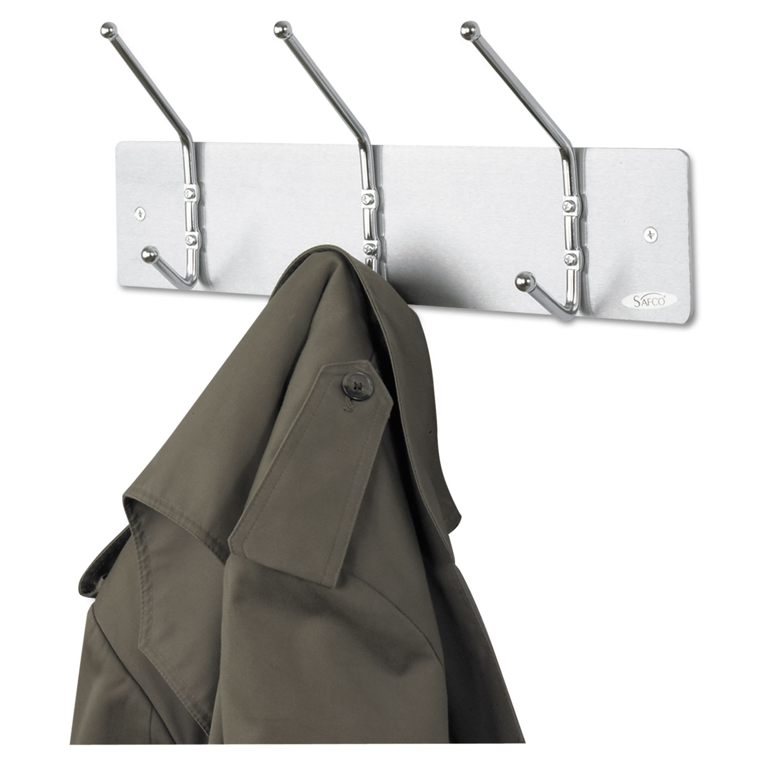  Safco 4161 Metal Wall Rack, Three Ball-Tipped Double-Hooks, 18w x 3.75d x 7h, Satin Metal (SAF4161) 