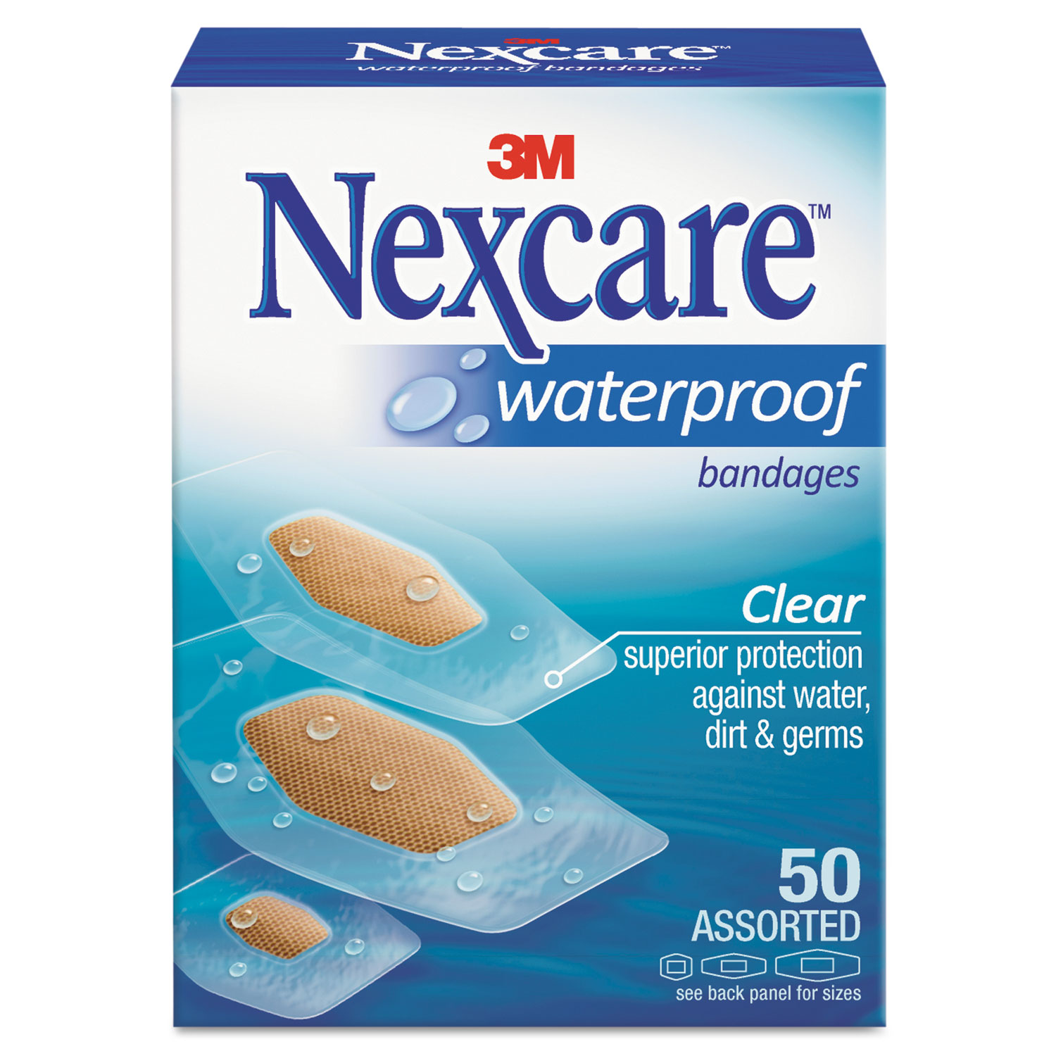  3M Nexcare 432-50-3 Waterproof, Clear Bandages, Assorted Sizes, 50/Box (MMM43250) 