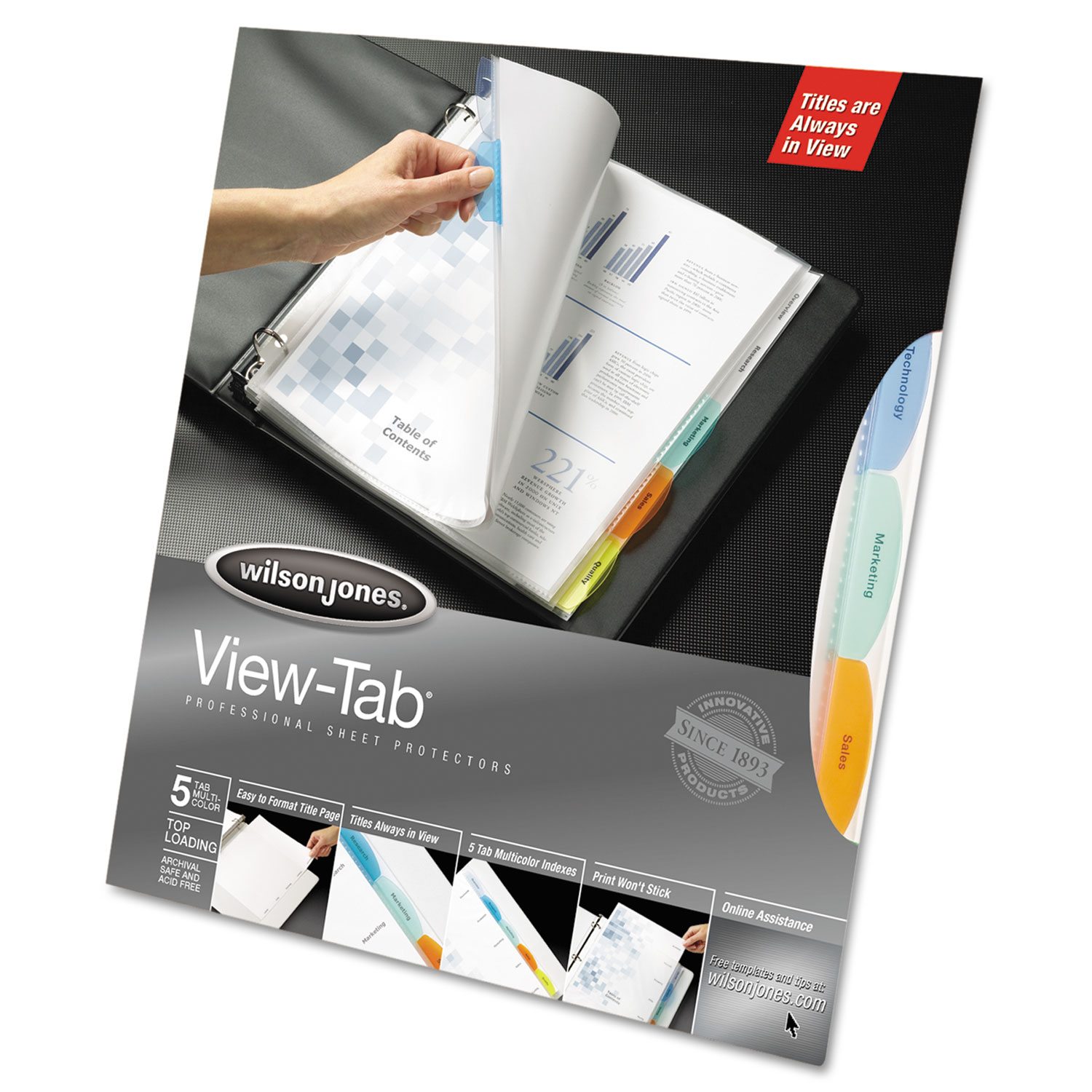 Wilson Jones® Top-Loading View-Tab Sheet Protectors, 5-Tab, Letter, Multicolor Tabs