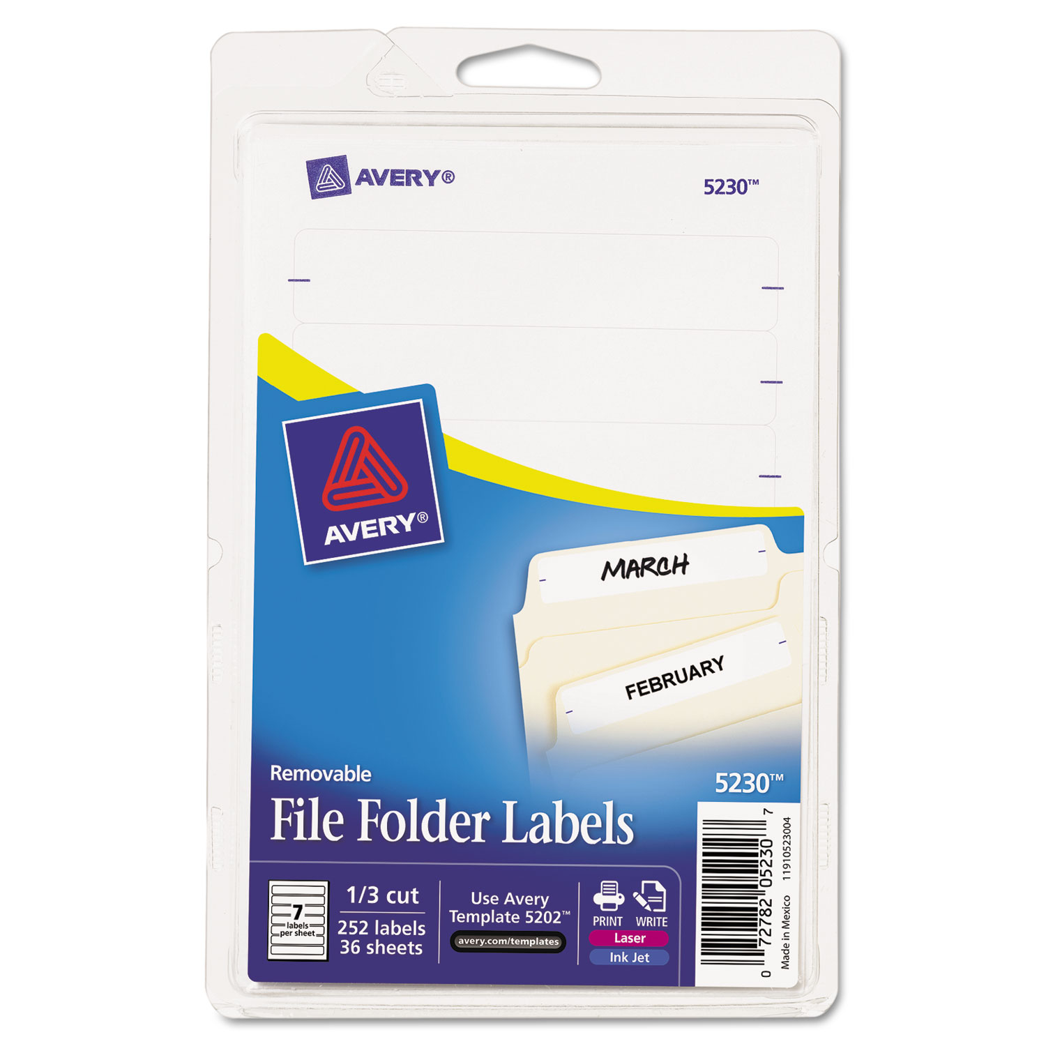 Removable 1/3-Cut File Folder Labels, Inkjet/Laser, .66 x 3.44, White, 252/PK