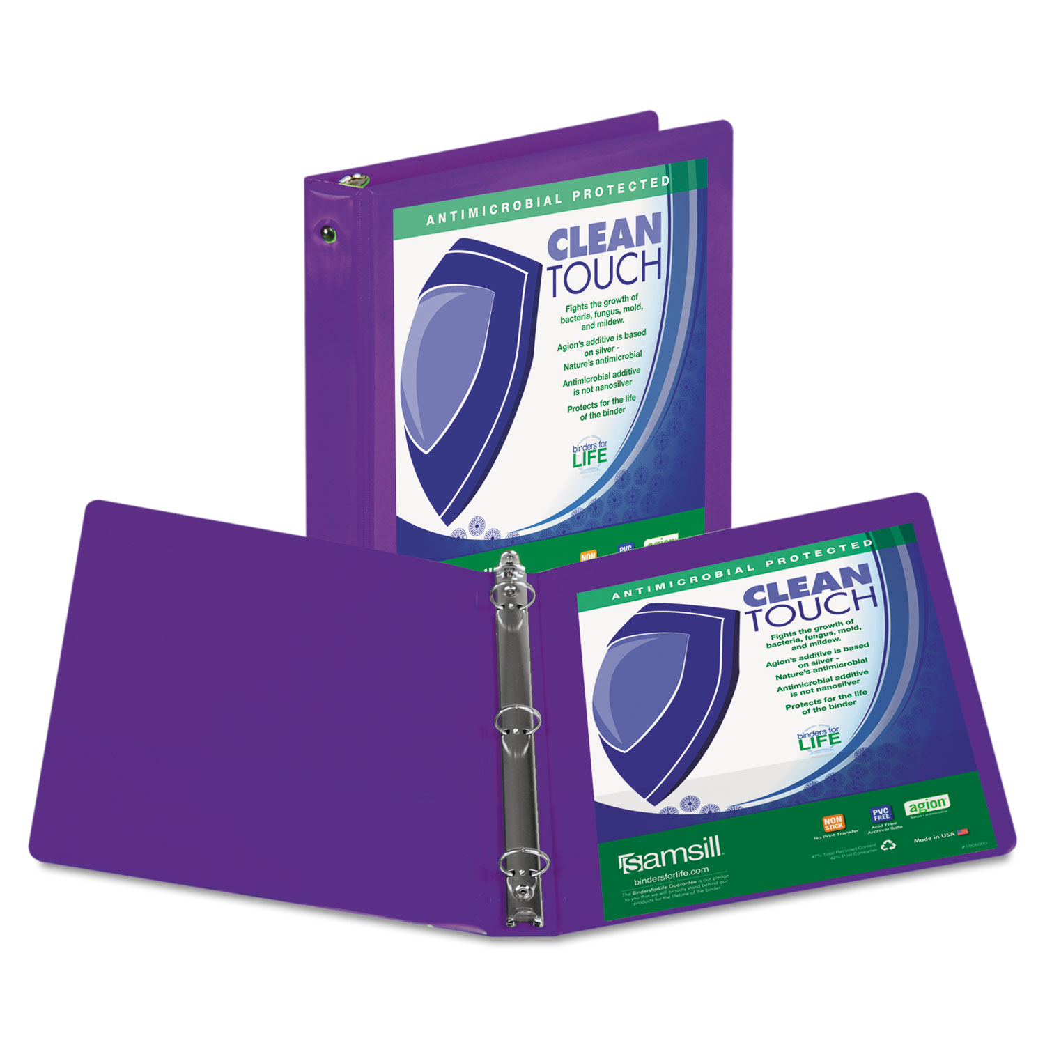 Clean Touch Round Ring View Binder, Antimicrobial, 4, Purple