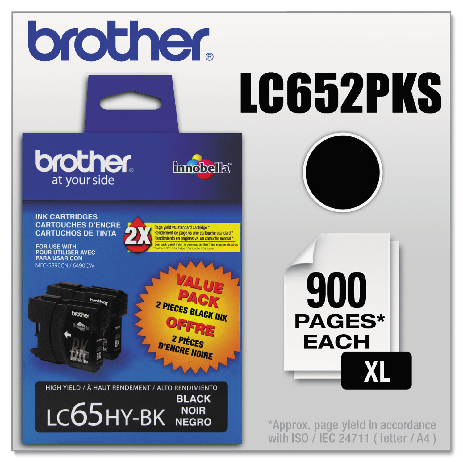  Brother LC652PKS LC652PKS Innobella High-Yield Ink, 900 Page-Yield, Black, 2/PK (BRTLC652PKS) 