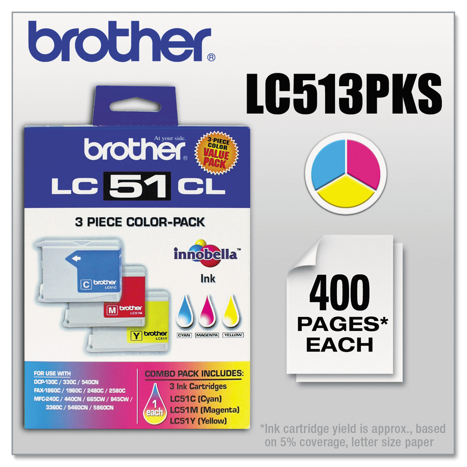  Brother LC513PKS LC513PKS Innobella Ink, 400 Page-Yield, Cyan/Magenta/Yellow, 3/PK (BRTLC513PKS) 