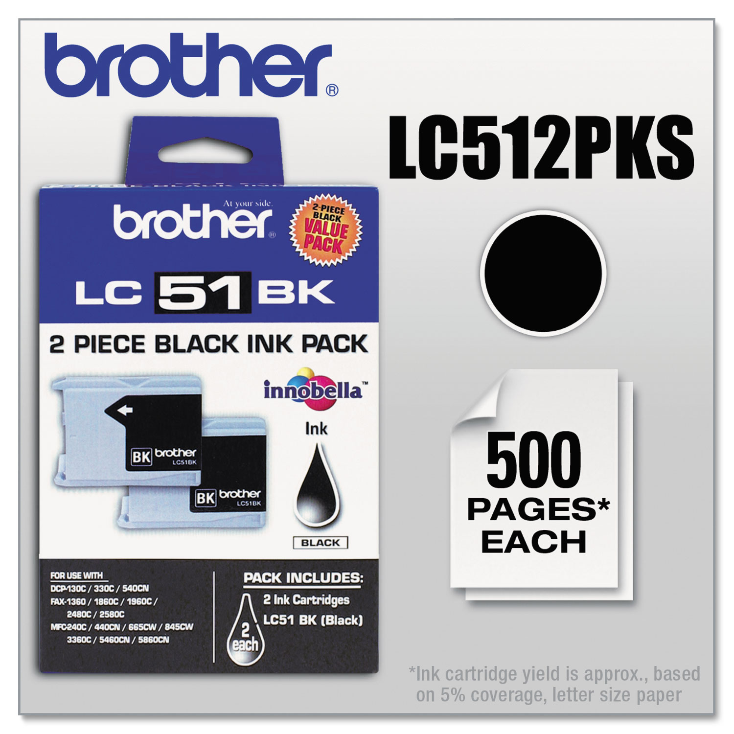  Brother LC512PKS LC512PKS Innobella Ink, 500 Page-Yield, Black, 2/PK (BRTLC512PKS) 
