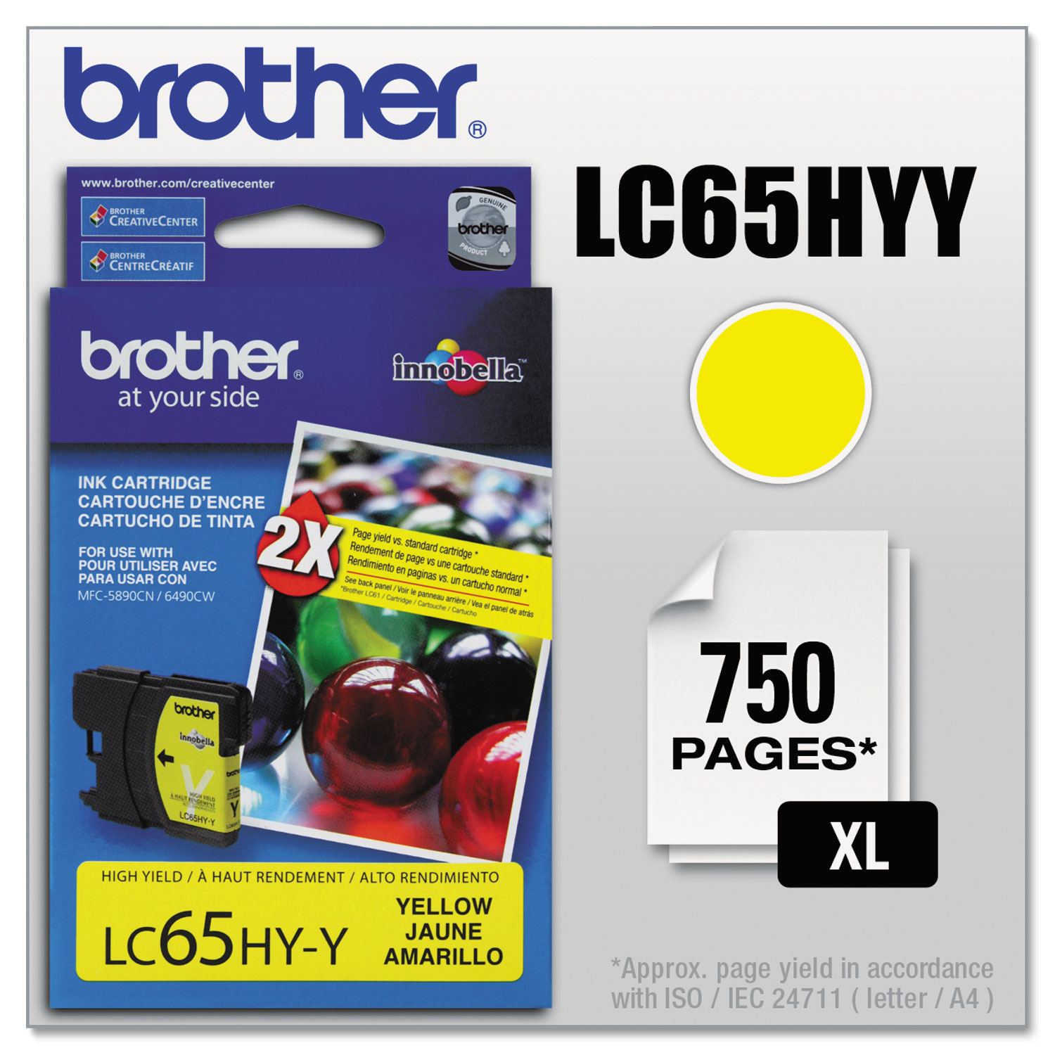  Brother LC65HYY LC65HYY Innobella High-Yield Ink, 750 Page-Yield, Yellow (BRTLC65HYY) 