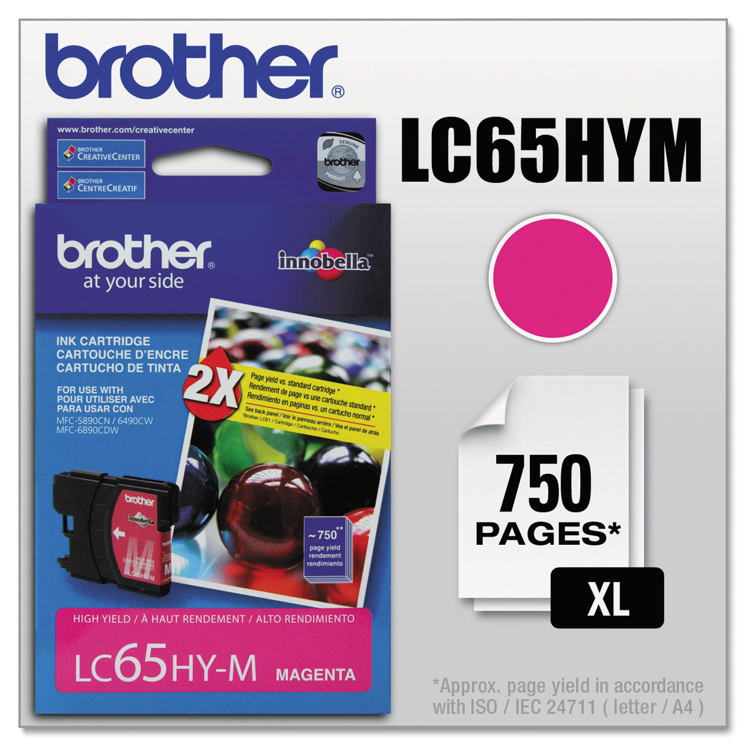  Brother LC65HYM LC65HYM Innobella High-Yield Ink, 750 Page-Yield, Magenta (BRTLC65HYM) 