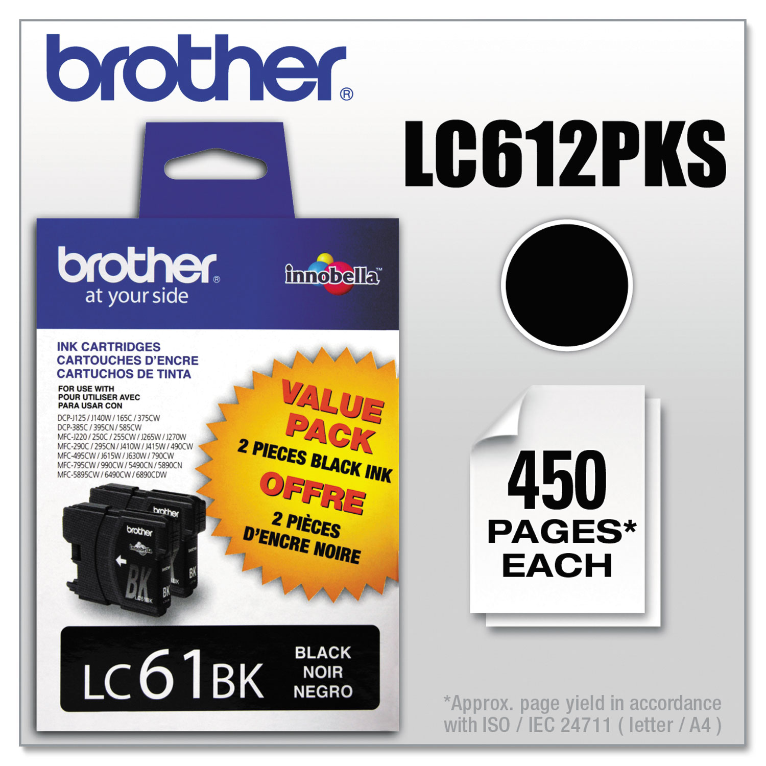  Brother LC612PKS LC612PKS Innobella Ink, 450 Page-Yield, Black, 2/PK (BRTLC612PKS) 