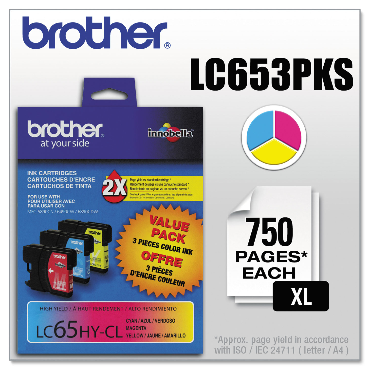  Brother LC653PKS LC653PKS Innobella High-Yield Ink, 750 Page-Yield, Cyan/Magenta/Yellow (BRTLC653PKS) 