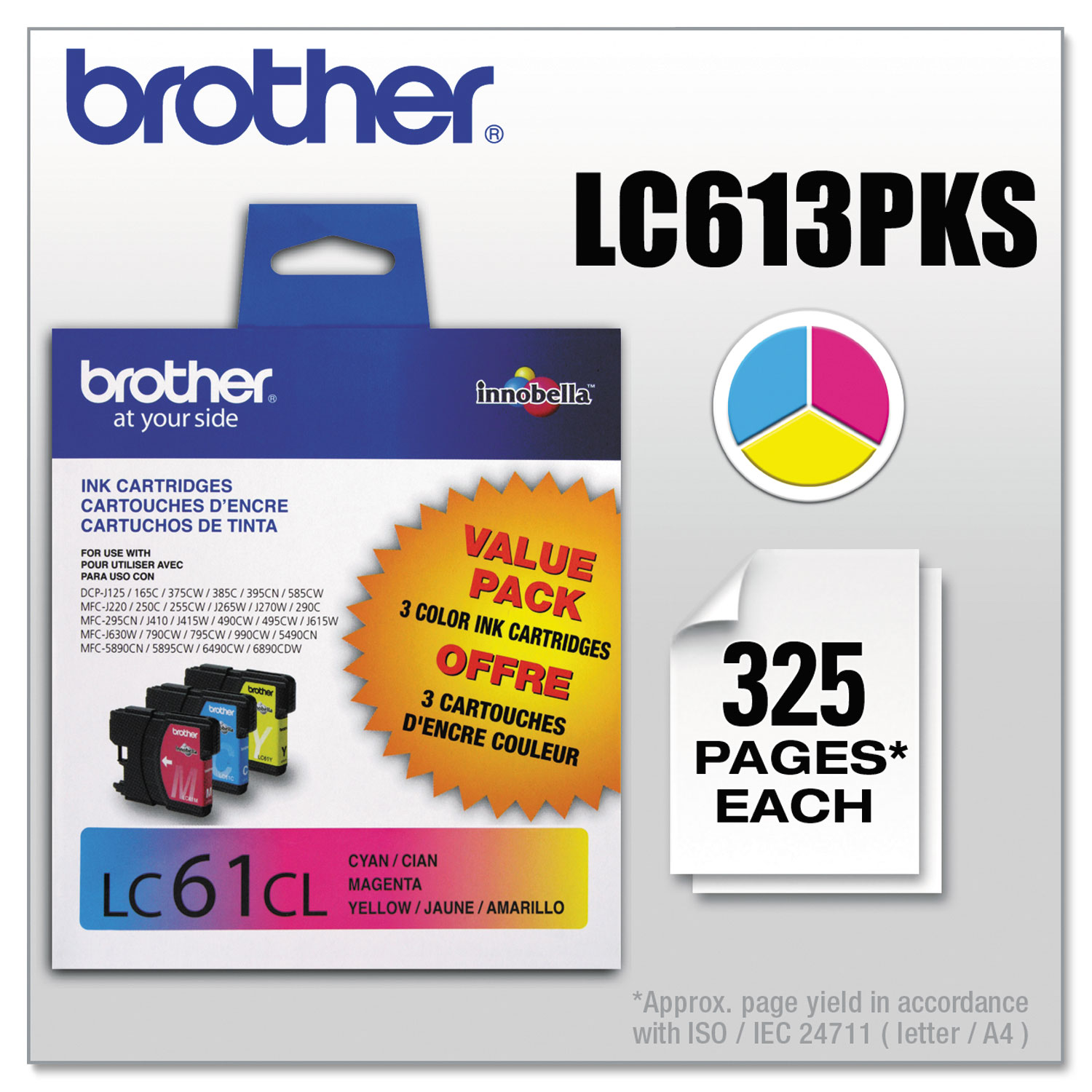  Brother LC613PKS LC613PKS Innobella Ink, 325 Page-Yield, Cyan/Magenta/Yellow (BRTLC613PKS) 