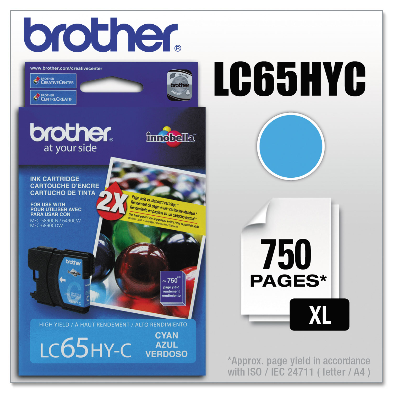  Brother LC65HYC LC65HYC Innobella High-Yield Ink, 750 Page-Yield, Cyan (BRTLC65HYC) 