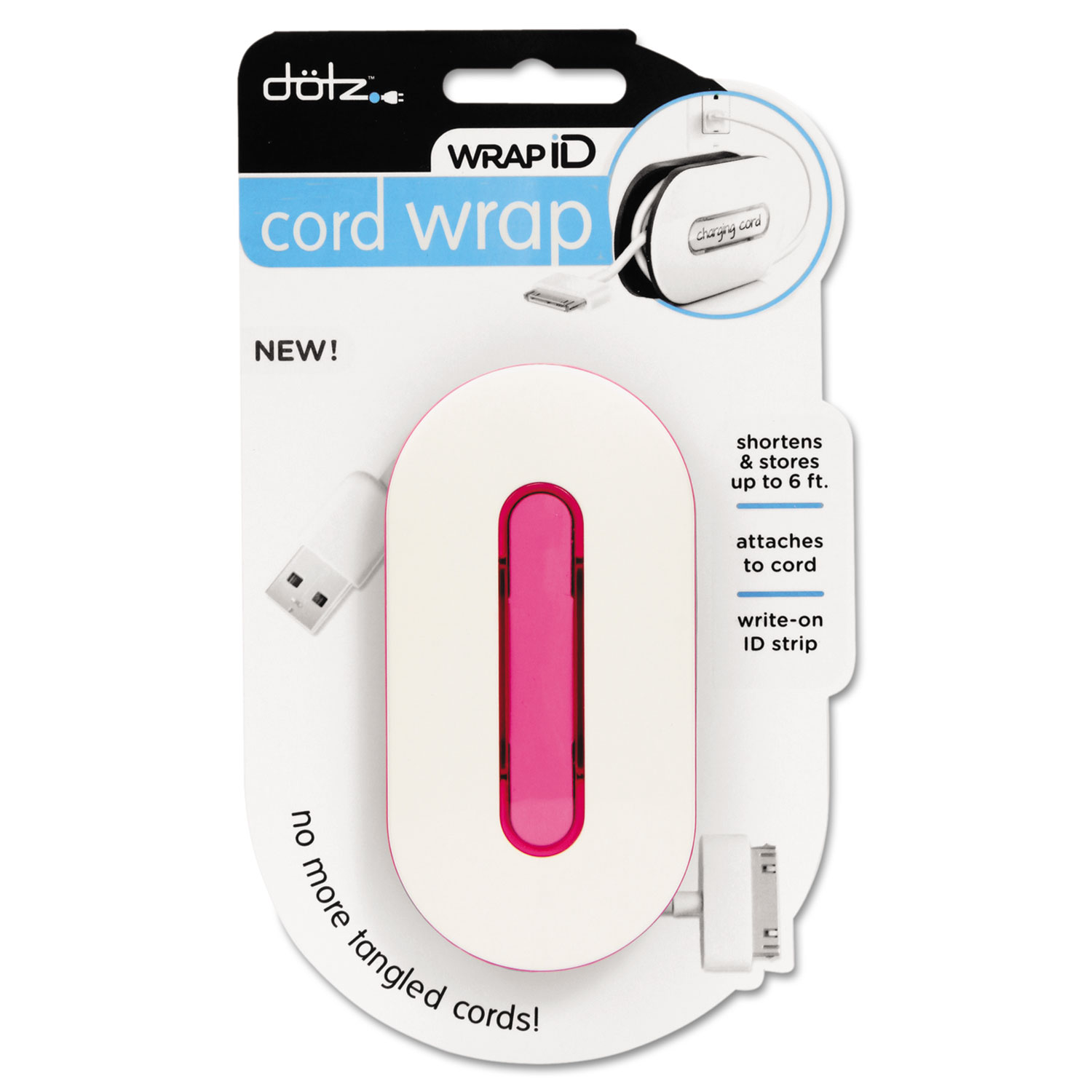 WrapID Cord Wrap w/ID Insert, Holds up to 6ft of Cord, Pink