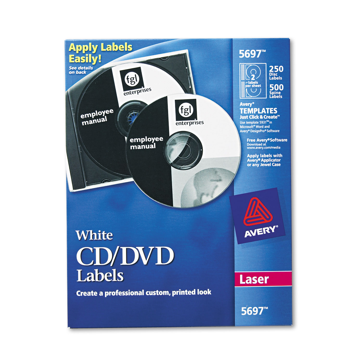  Avery 05697 Laser CD Labels, Matte White, 250/Pack (AVE5697) 