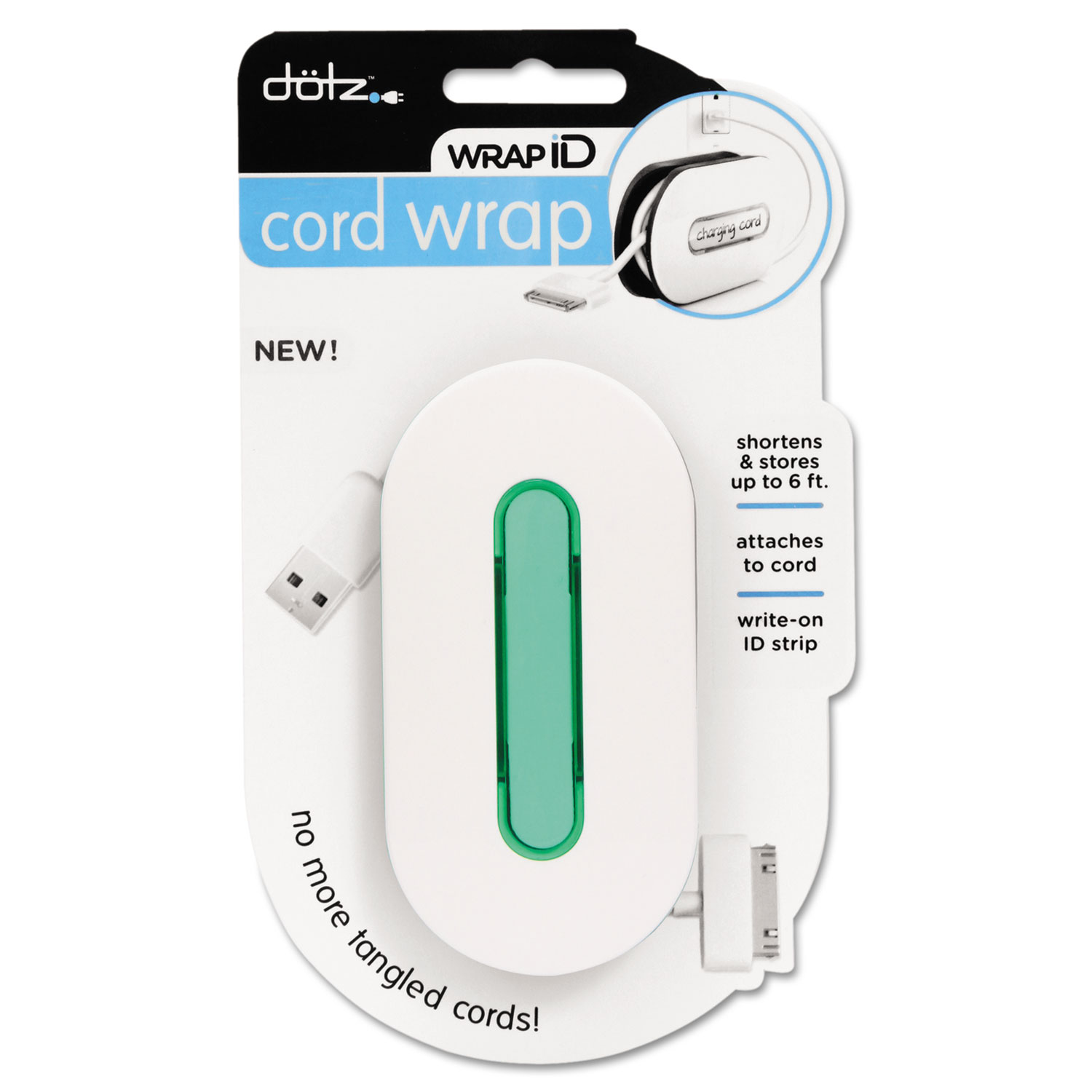 WrapID Cord Wrap w/ID Insert, Holds up to 6ft of Cord, Emerald