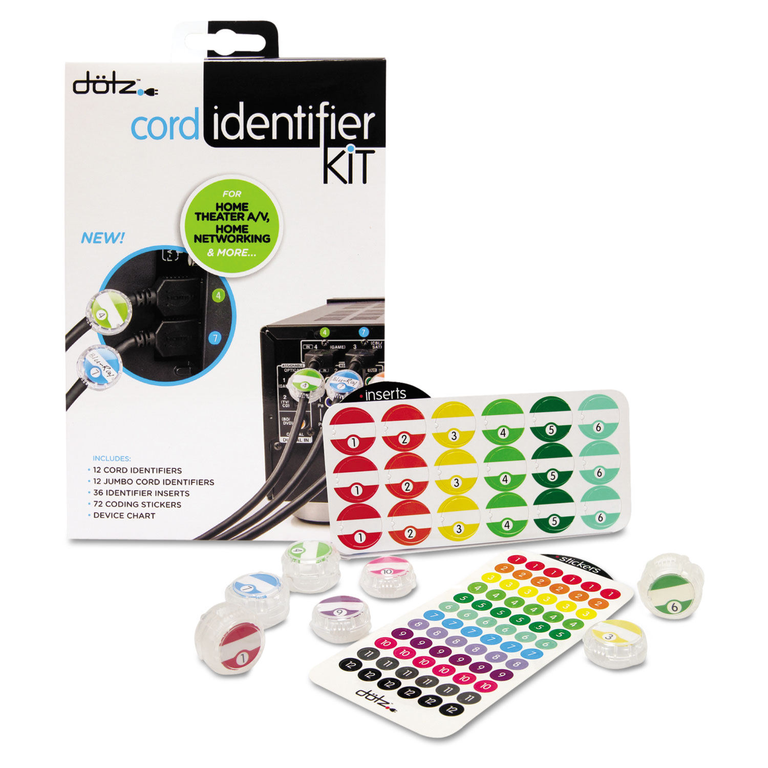 Cord Identifier Kit, 12 Regular/12 Jumbo Clear IDs, Inserts & Stickers