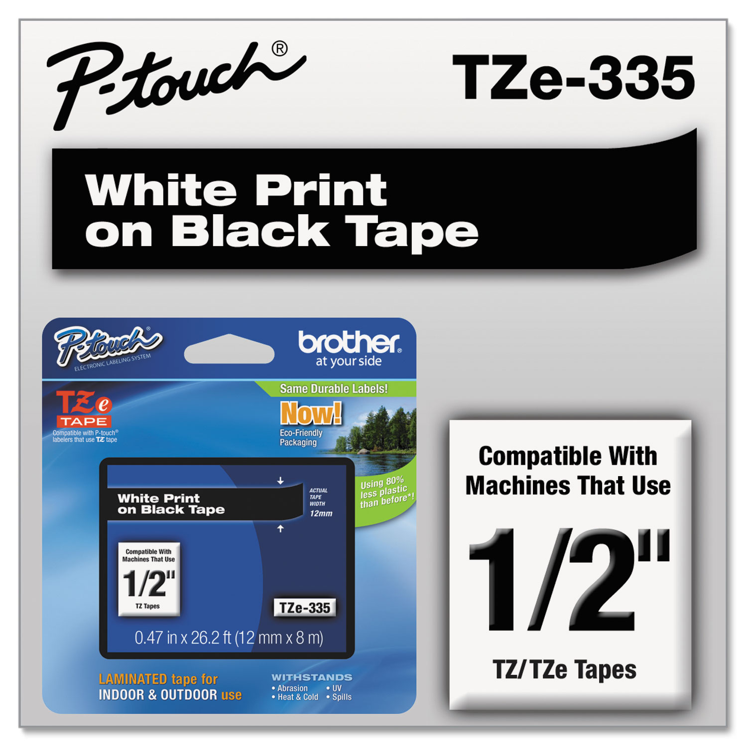 TZe Standard Adhesive Laminated Labeling Tape, 1/2w, White on Black