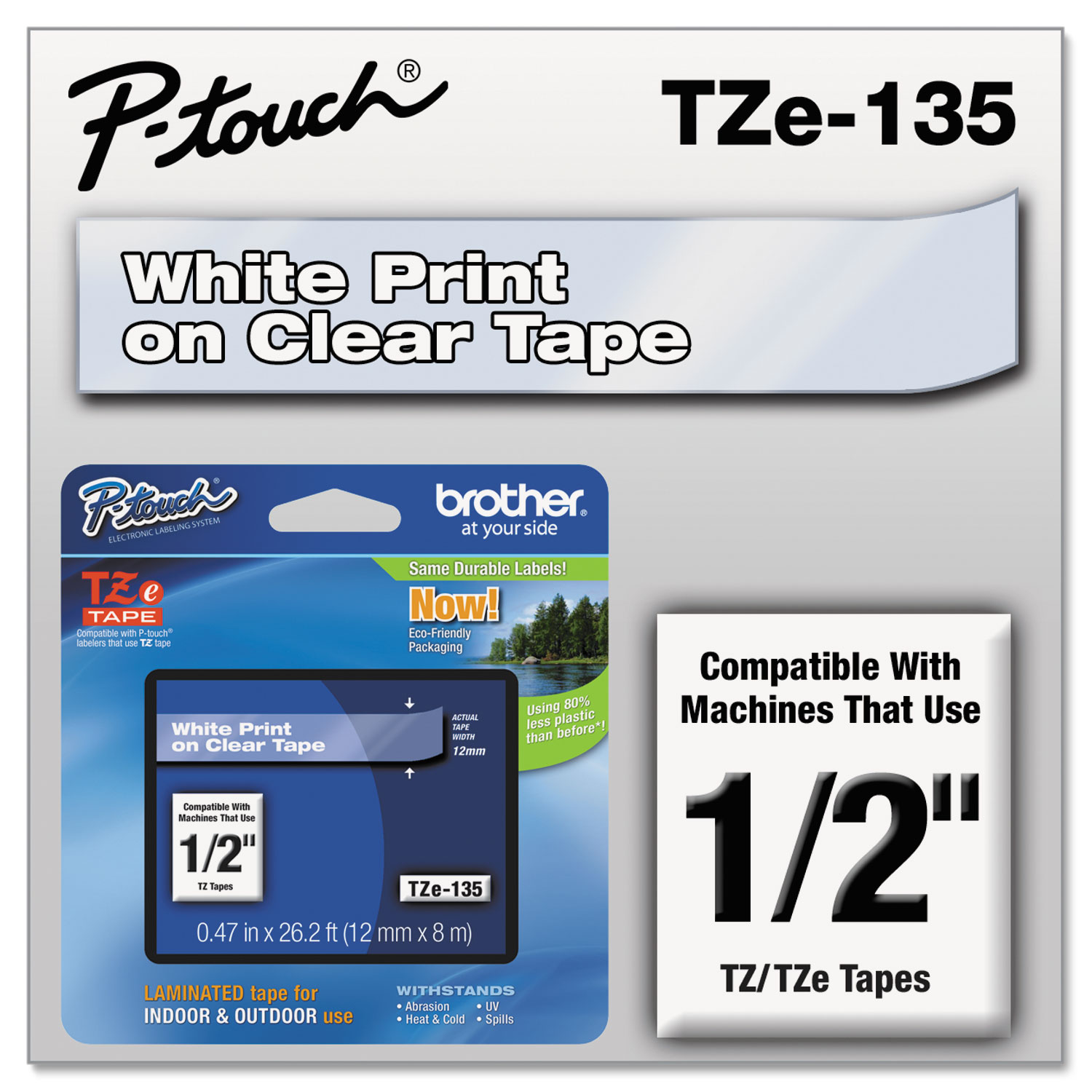  Brother P-Touch TZE135 TZe Standard Adhesive Laminated Labeling Tape, 0.47 x 26.2 ft, White on Clear (BRTTZE135) 