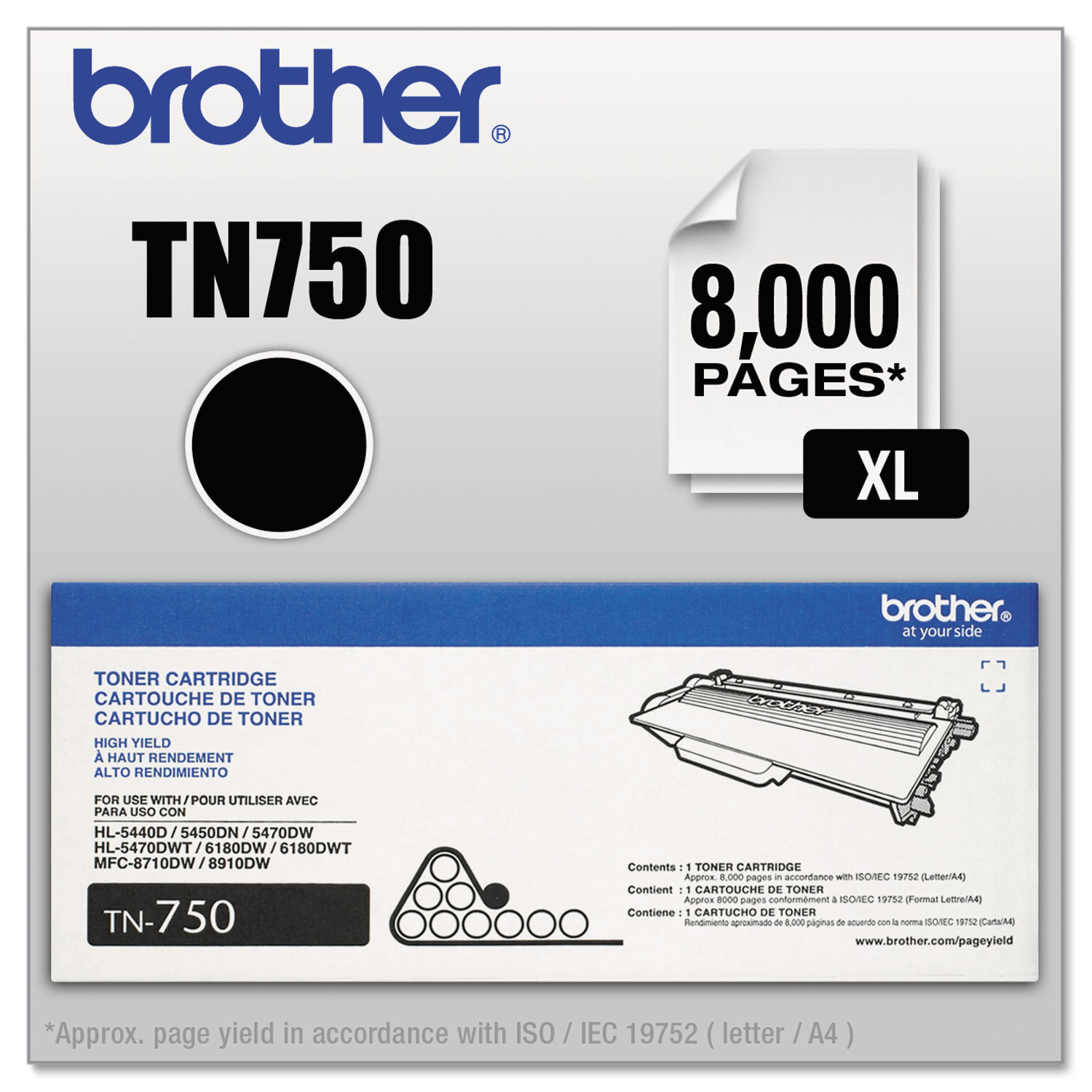  Brother TN750 TN750 High-Yield Toner, 8000 Page-Yield, Black (BRTTN750) 