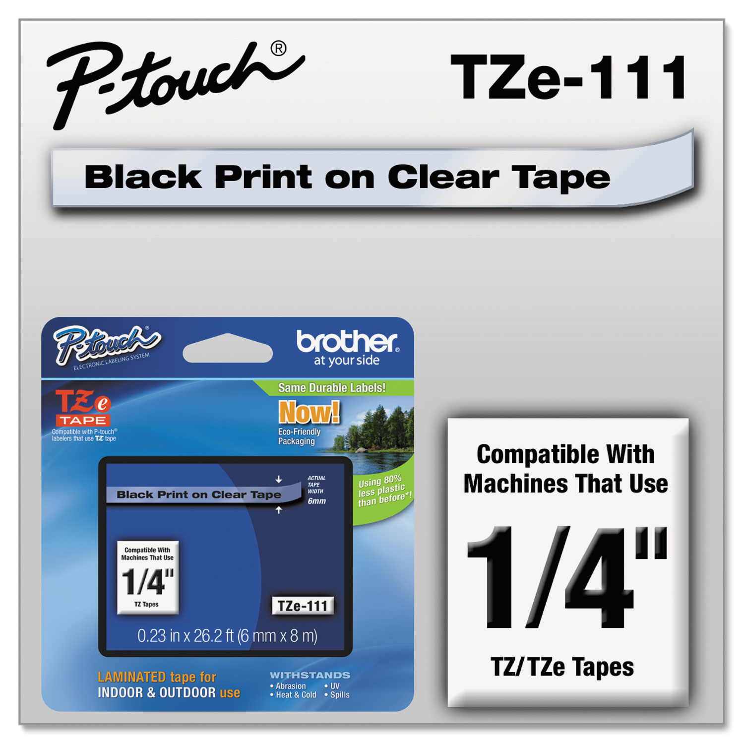  Brother P-Touch TZE111 TZe Standard Adhesive Laminated Labeling Tape, 0.23 x 26.2 ft, Black on Clear (BRTTZE111) 