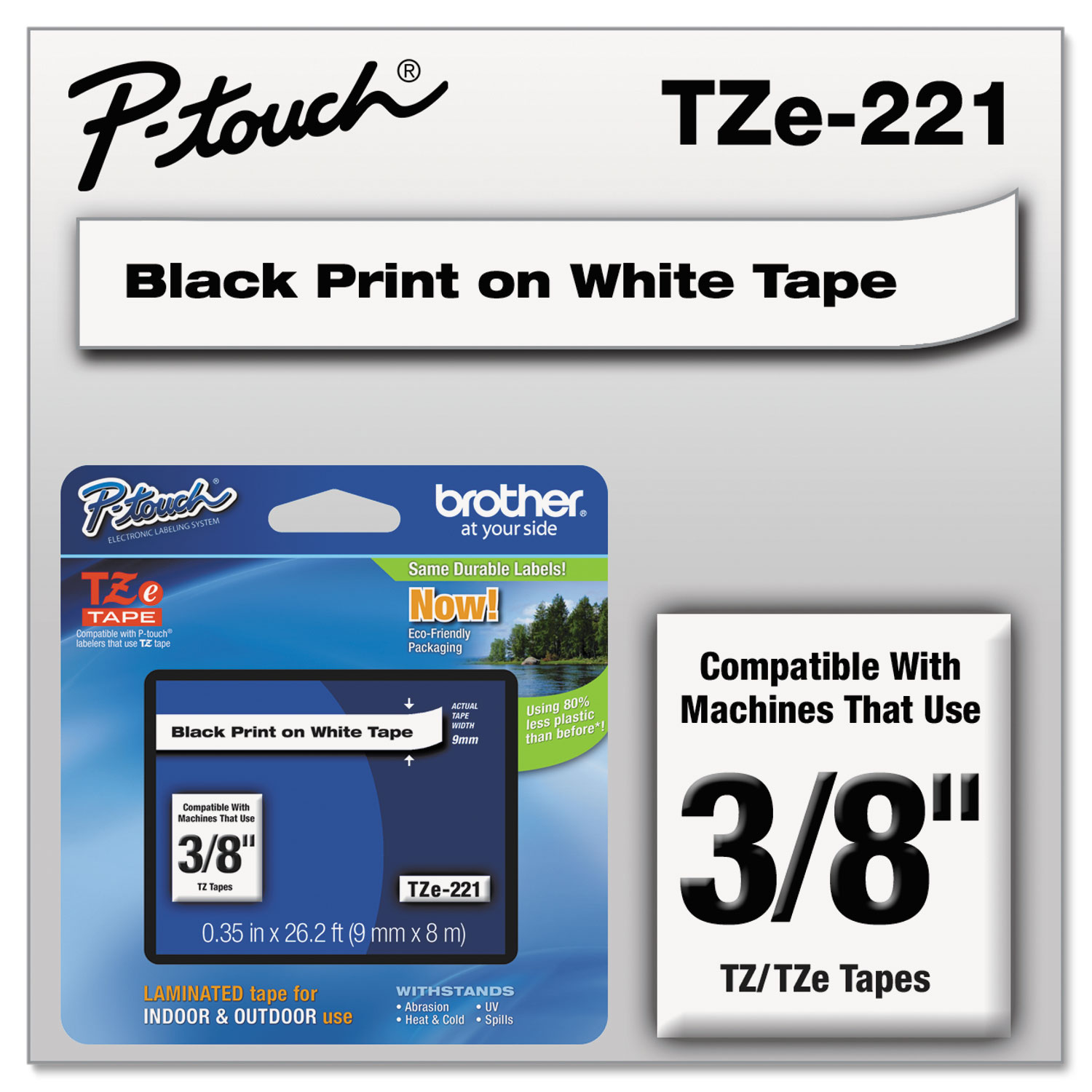 TZe Standard Adhesive Laminated Labeling Tape, 3/8w, Black on White