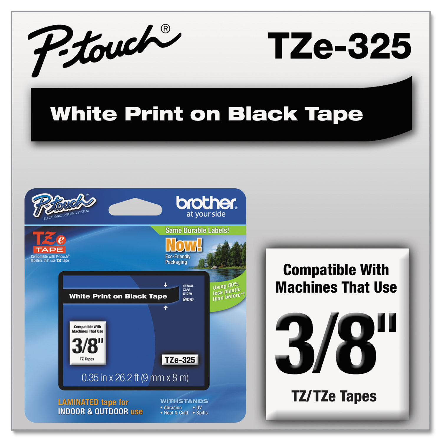  Brother P-Touch TZE325 TZe Standard Adhesive Laminated Labeling Tape, 0.35 x 26.2 ft, White on Black (BRTTZE325) 
