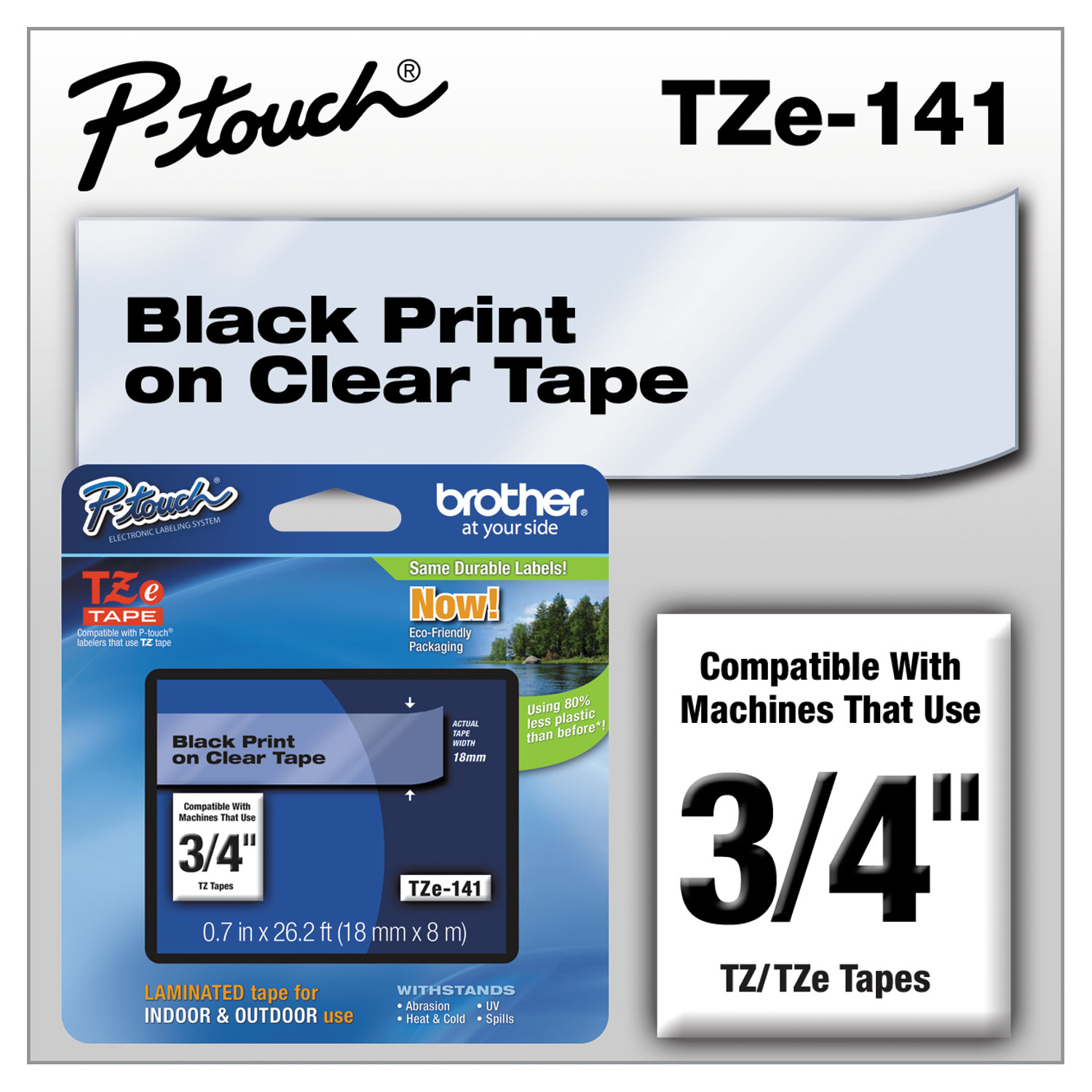  Brother P-Touch TZE141 TZe Standard Adhesive Laminated Labeling Tape, 0.7 x 26.2 ft, Black on Clear (BRTTZE141) 