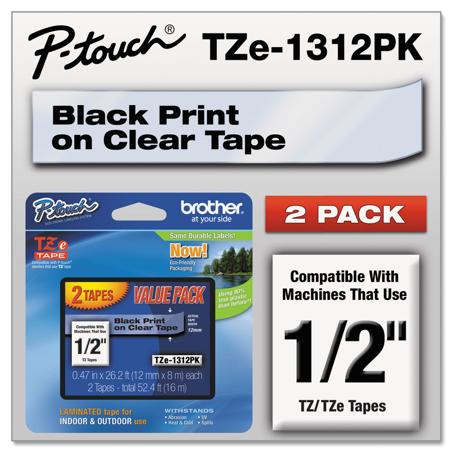 TZe Standard Adhesive Laminated Labeling Tapes, 1/2w, Black on Clear, 2/Pack